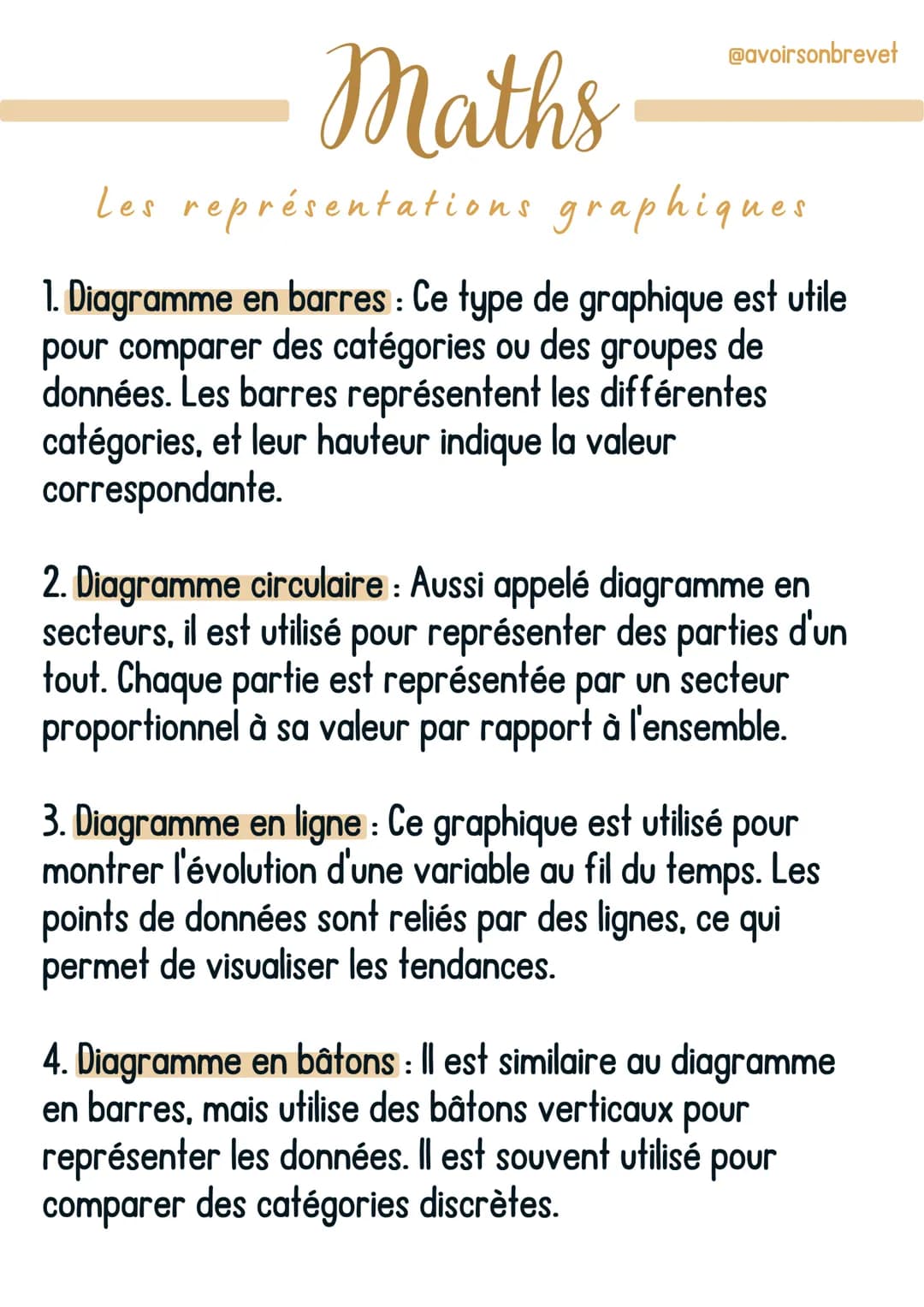 @avoirsonbrevet
Maths
Les représentations graphiques
1. Diagramme en barres : Ce type de graphique est utile
pour comparer des catégories ou