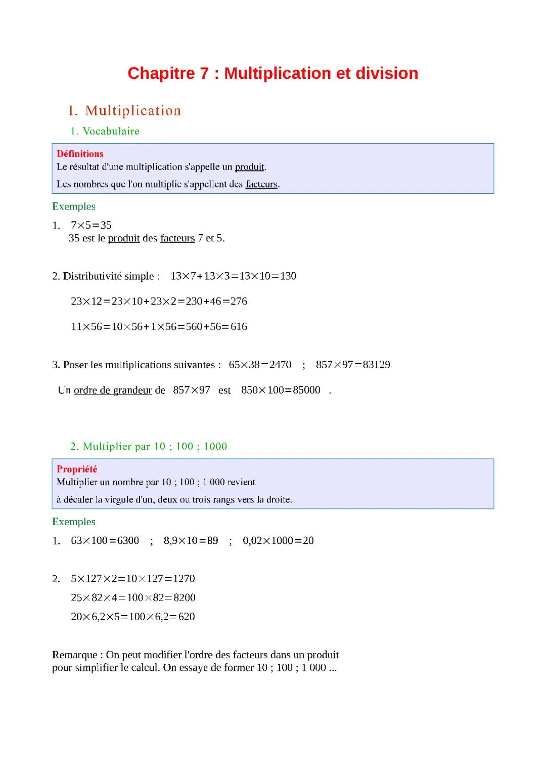 Exercices faciles: Multiplications et Divisions pour CM1-CM2