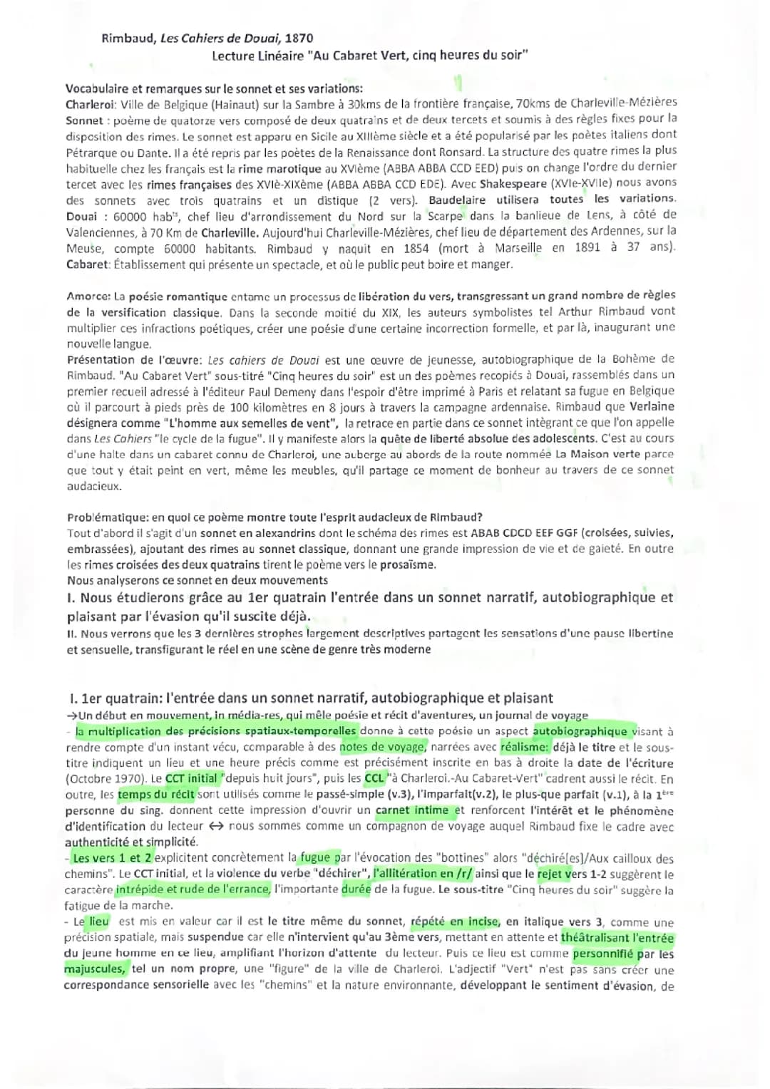 Analyse linéaire de Au Cabaret Vert, Arthur Rimbaud