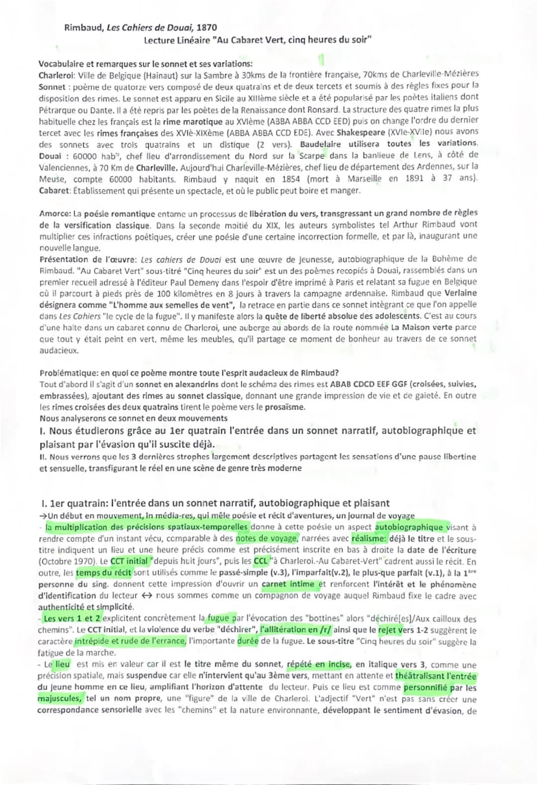 Rimbaud, Les Cahiers de Douai, 1870
Lecture Linéaire "Au Cabaret Vert, cinq heures du soir"
Vocabulaire et remarques sur le sonnet et ses va