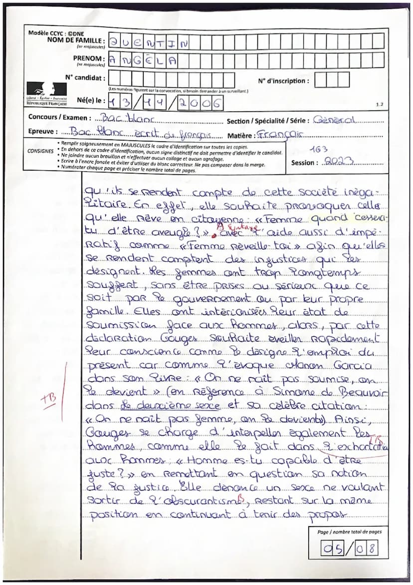 Lop20) Bravo! Pease tout de même à organiser tes propos
ten Dors
haithes
Modèle CCYC: QONE
NOM DE FAMILLE: QUENTIN
(en majuscules)
тв
CONSIG