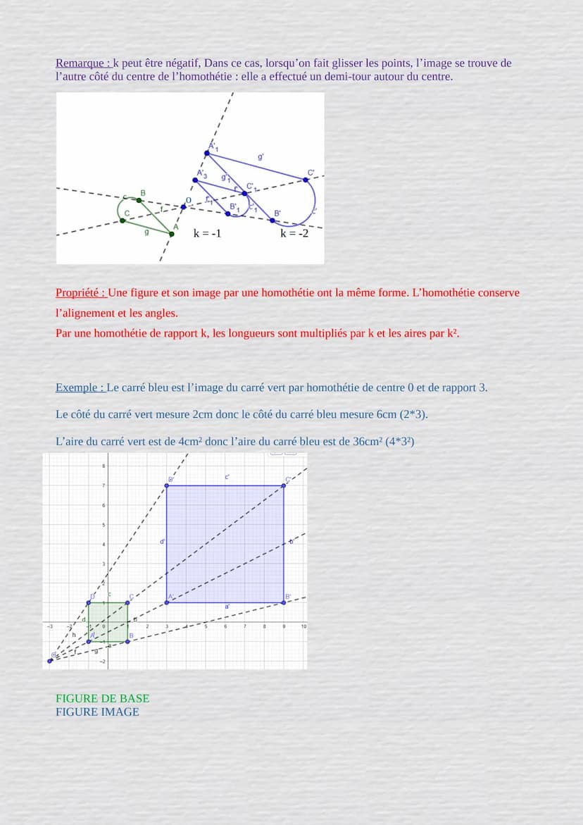 Homothétie
Définition: Transformer une figure par une homothétie de centre O, c'est l'agrandir ou
faisant glisser ses points le long de droi