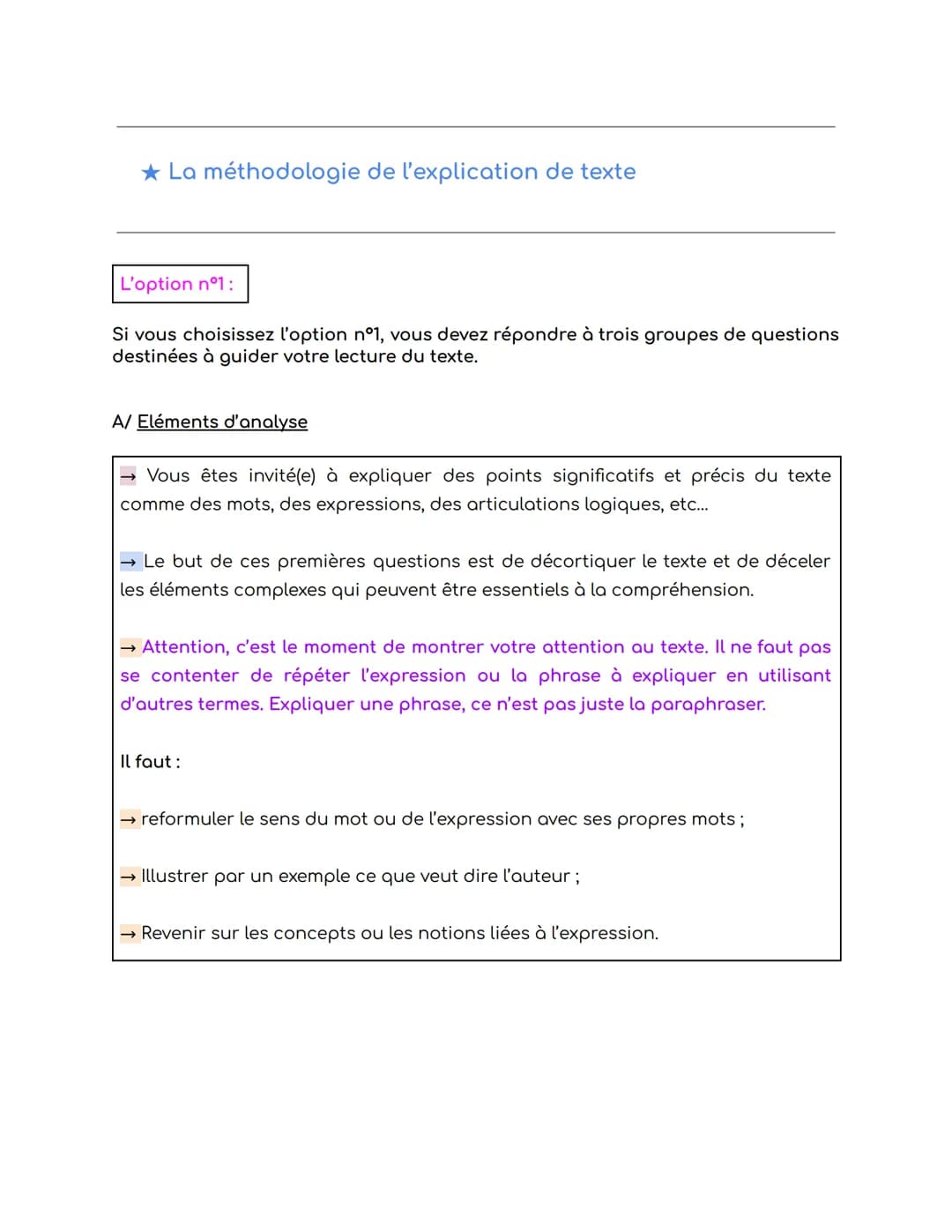 La méthodologie de l'explication de texte
L'option n°1:
Si vous choisissez l'option n°1, vous devez répondre à trois groupes de questions
de