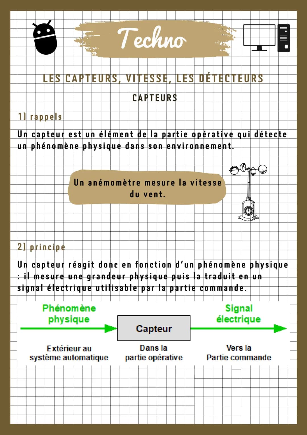 
<h2 id="capteurs">Capteurs</h2>
<p>Techno</p>
<ol>
<li><p>Rappels<br />
Un capteur est un élément de la partie opérative qui détecte un phé