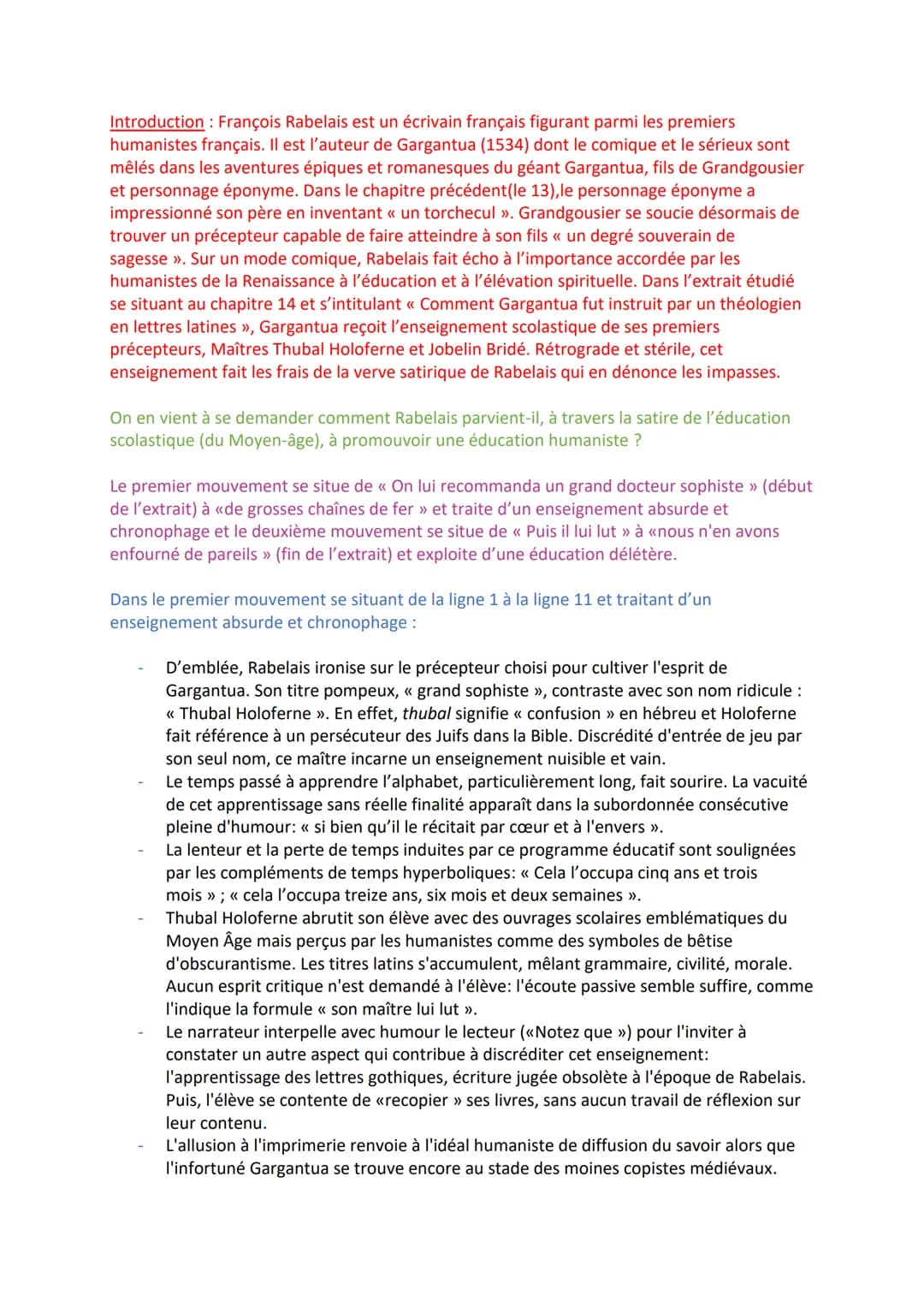 Introduction : François Rabelais est un écrivain français figurant parmi les premiers
humanistes français. Il est l'auteur de Gargantua (153
