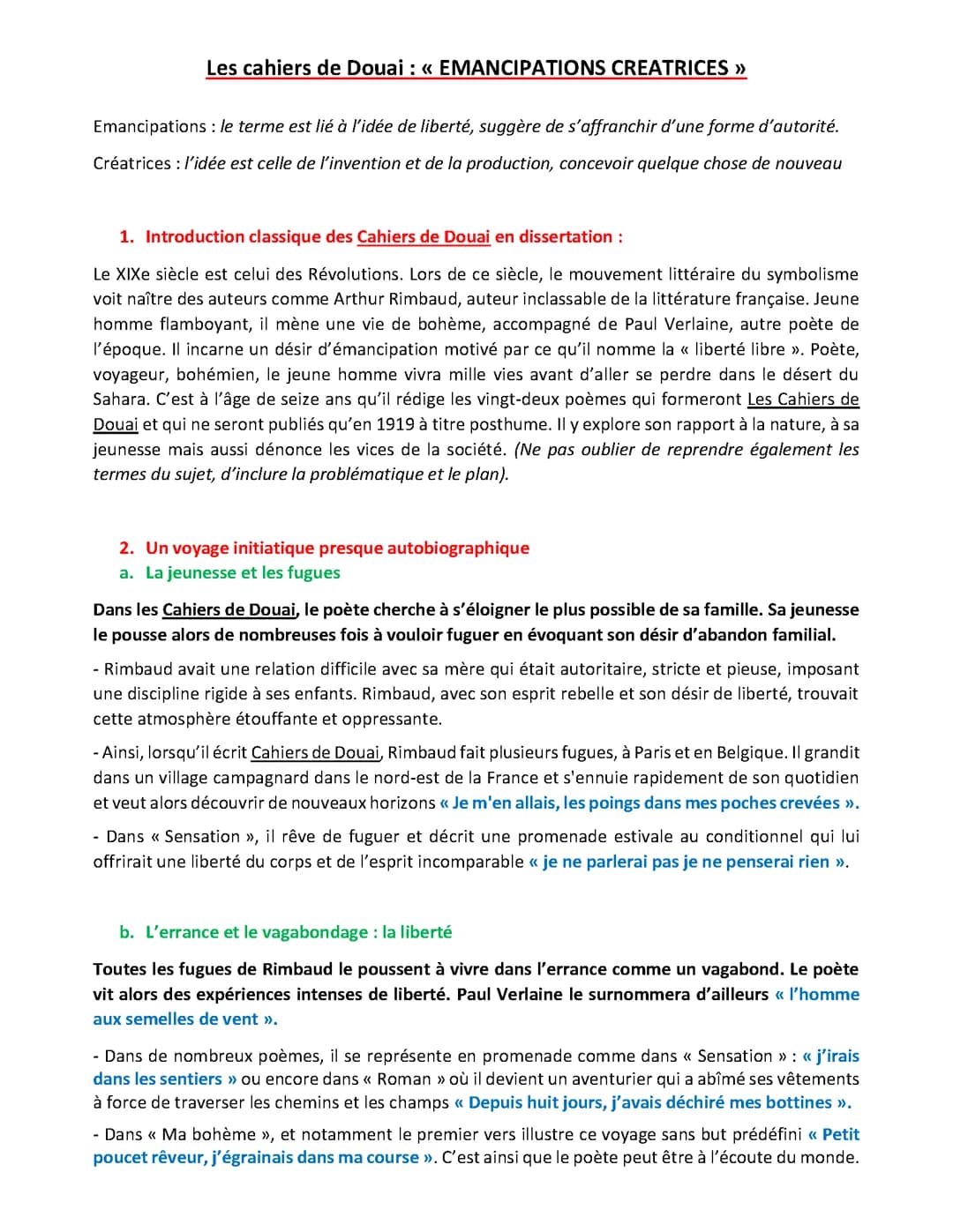Fiche de révision pour le parcours EMANCIPATIONS CREATRICES 