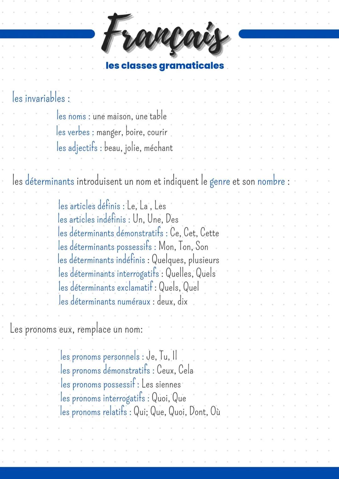 les invariables:
Français
les classes gramaticales
les noms : une maison, une table
les verbes: manger, boire, courir
les adjectifs: beau, j