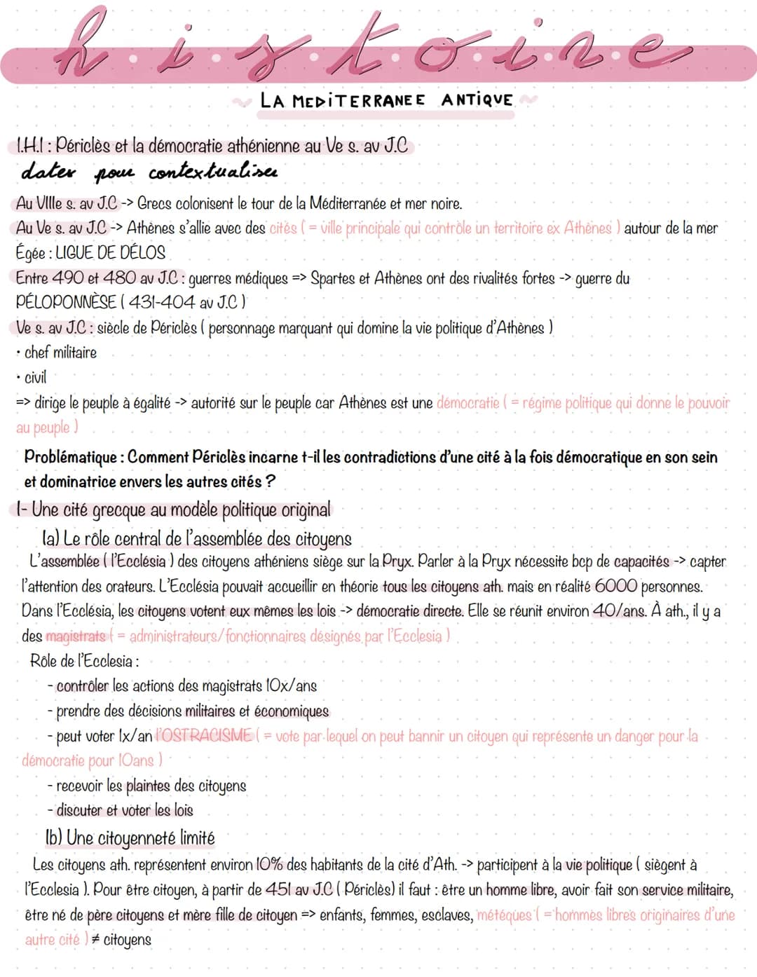 h
stoin.
LA MEDITERRANE E ANTIQUE
1.H.I: Périclès et la démocratie athénienne au Ve s. av J.C
dates
pour
contextualise
Au Ville s. av J.C ->