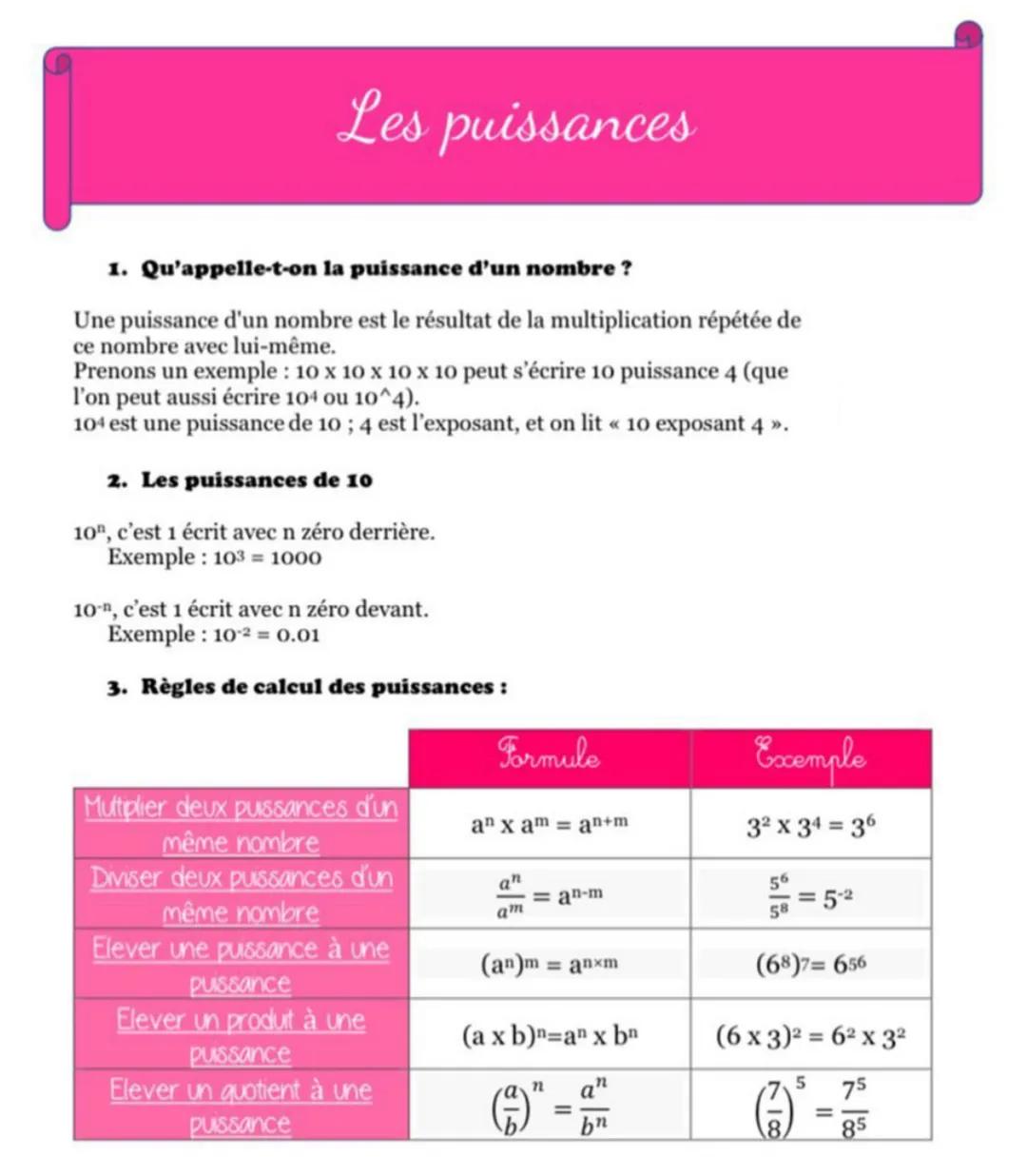 Les puissances
1. Qu'appelle-t-on la puissance d'un nombre ?
Une puissance d'un nombre est le résultat de la multiplication répétée de
ce no