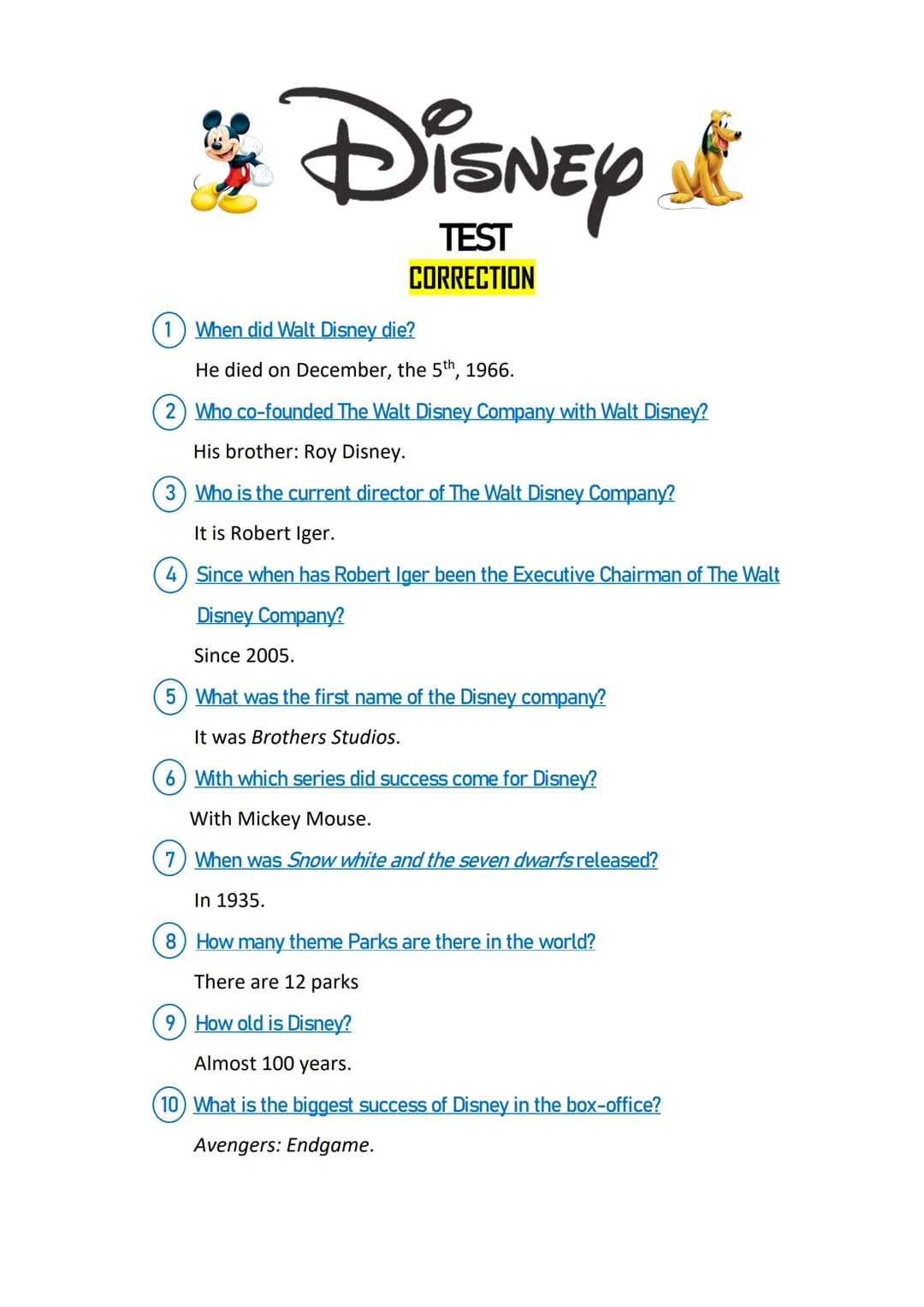& Disney &
TEST
CORRECTION
When did Walt Disney die?
He died on December, the 5th, 1966.
2) Who co-founded The Walt Disney Company with Walt