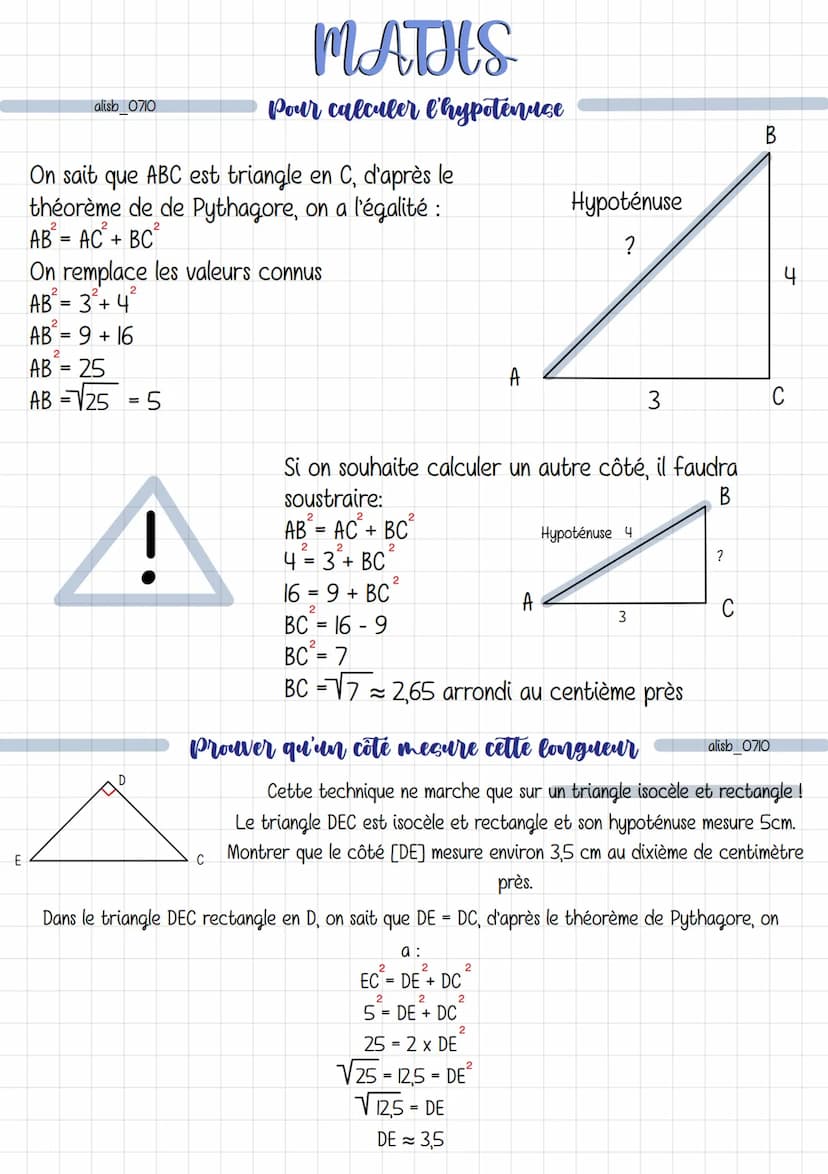 MATHS
LE THEOREME de Pythagore
alisb_0710
Hypoténuse
с
Dans un triangle rectangle, le carré de l'hypoténuse est égal à la
somme des carrés d