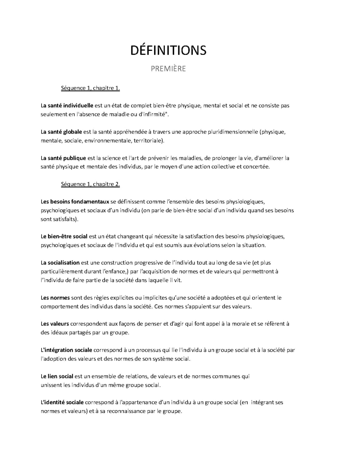 Définition ST2S Terminale et Première - Santé Publique, Bien-être et Morbidité