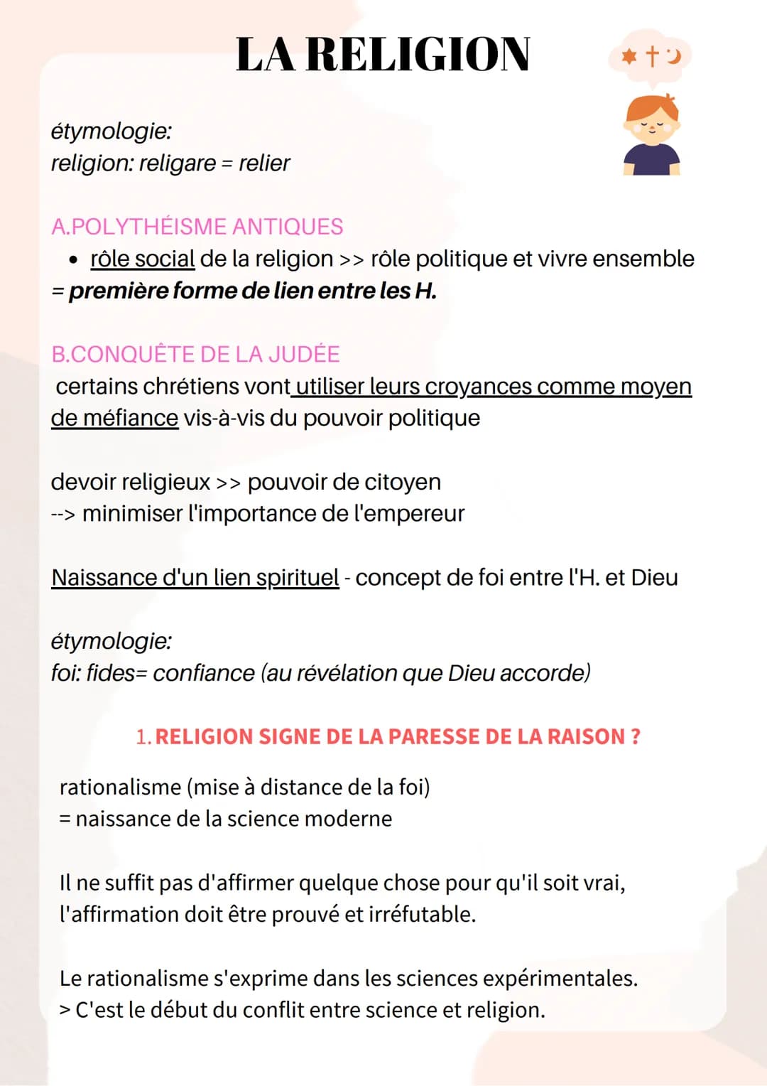 LA RELIGION
étymologie:
religion: religare = relier
A.POLYTHÉISME ANTIQUES
• rôle social de la religion >> rôle politique et vivre ensemble
