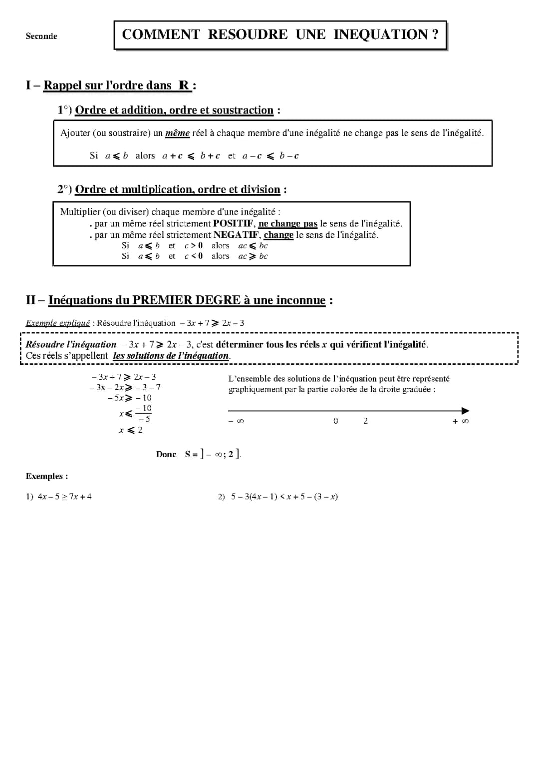 Cours et Exercices PDF sur les Équations et Inéquations en Seconde