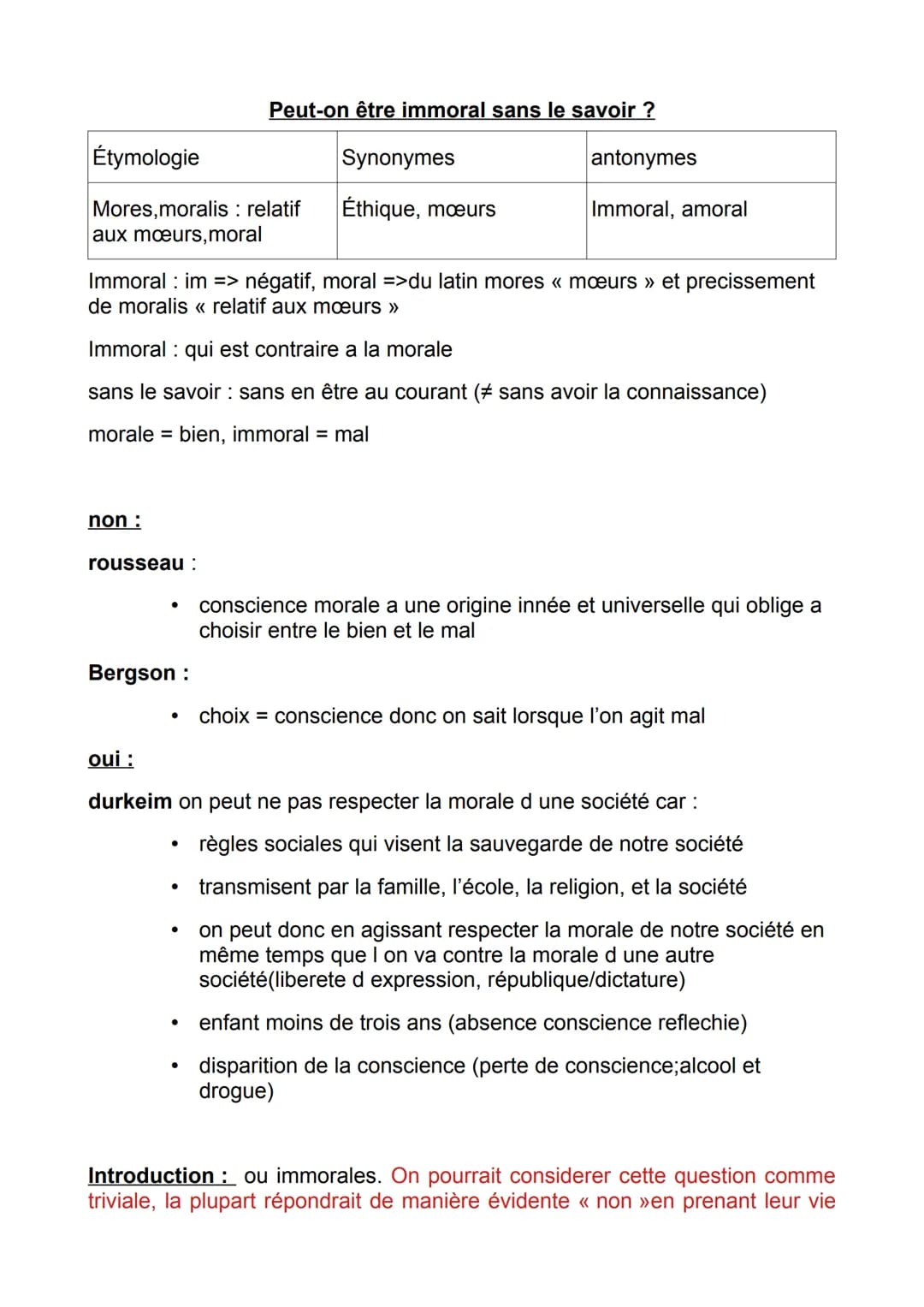 Étymologie
Mores,moralis : relatif
aux mœurs, moral
non :
rousseau:
Immoral: im => négatif, moral =>du latin mores « mœurs » et precissement