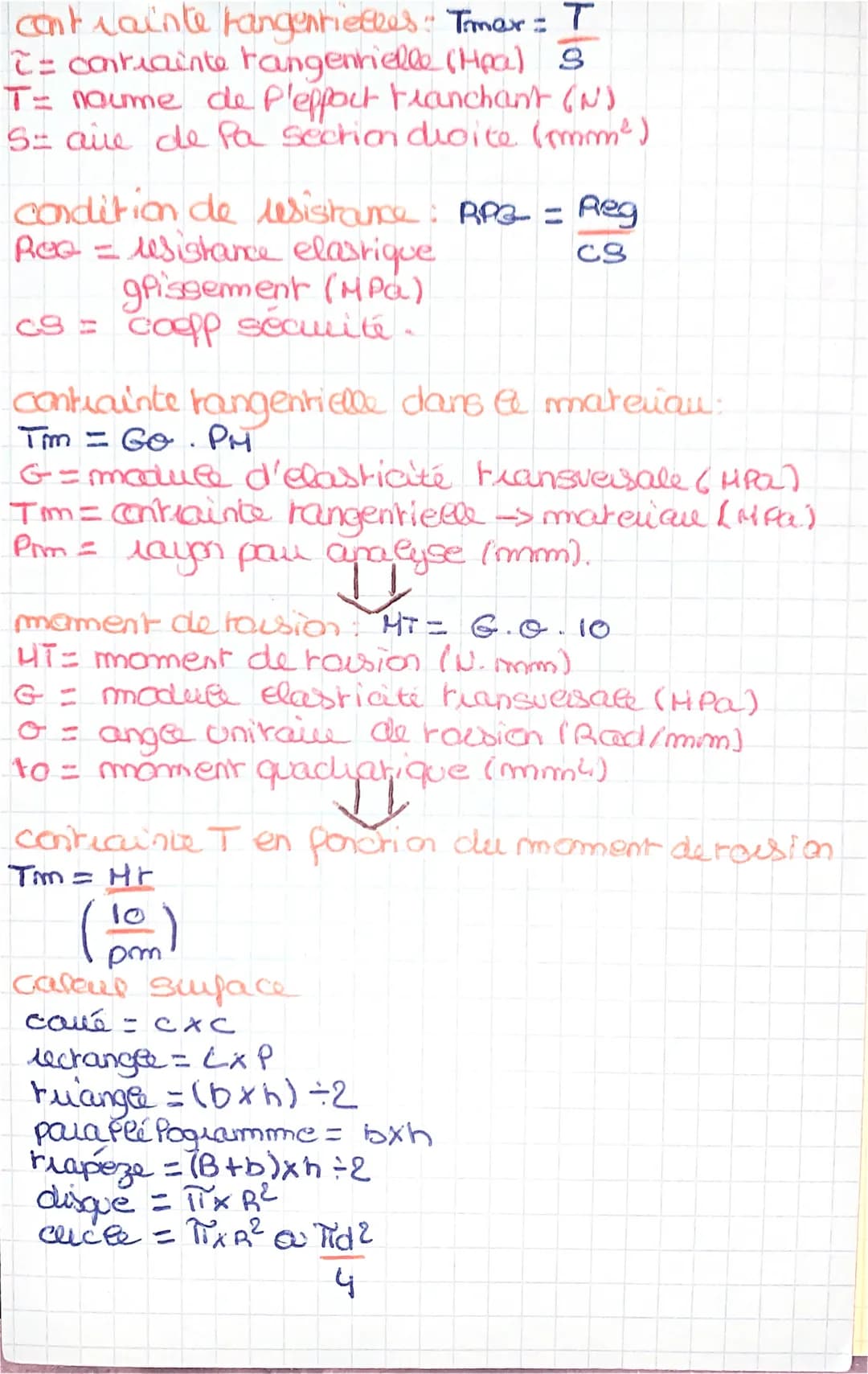 contrainte Fangentielles: Tmax = T
= contrainte tangentielle (Hpal S
T= naume de P'eppoct Franchant (N)
S aire de Pa section droite (mm²)
co
