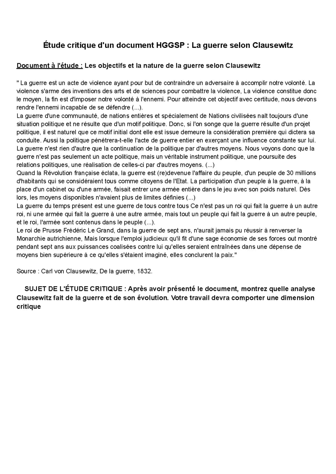 La guerre selon Clausewitz - HGGSP : Étude et théorie