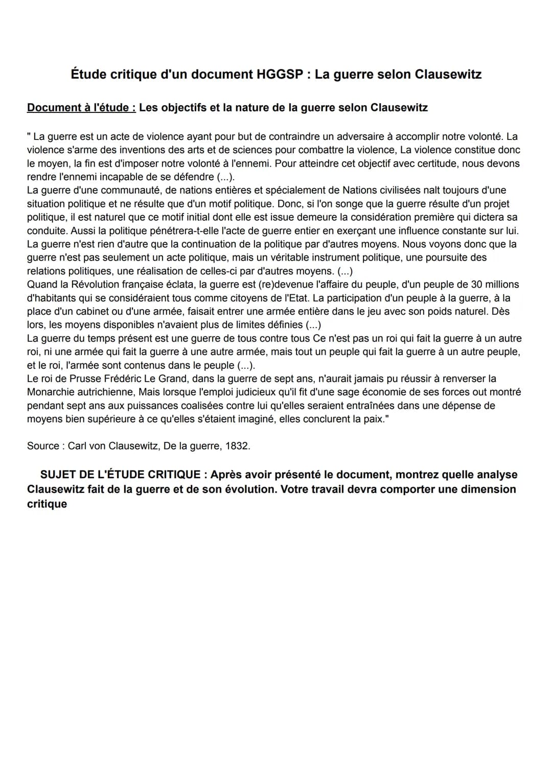 Étude critique d'un document HGGSP : La guerre selon Clausewitz
Document à l'étude : Les objectifs et la nature de la guerre selon Clausewit