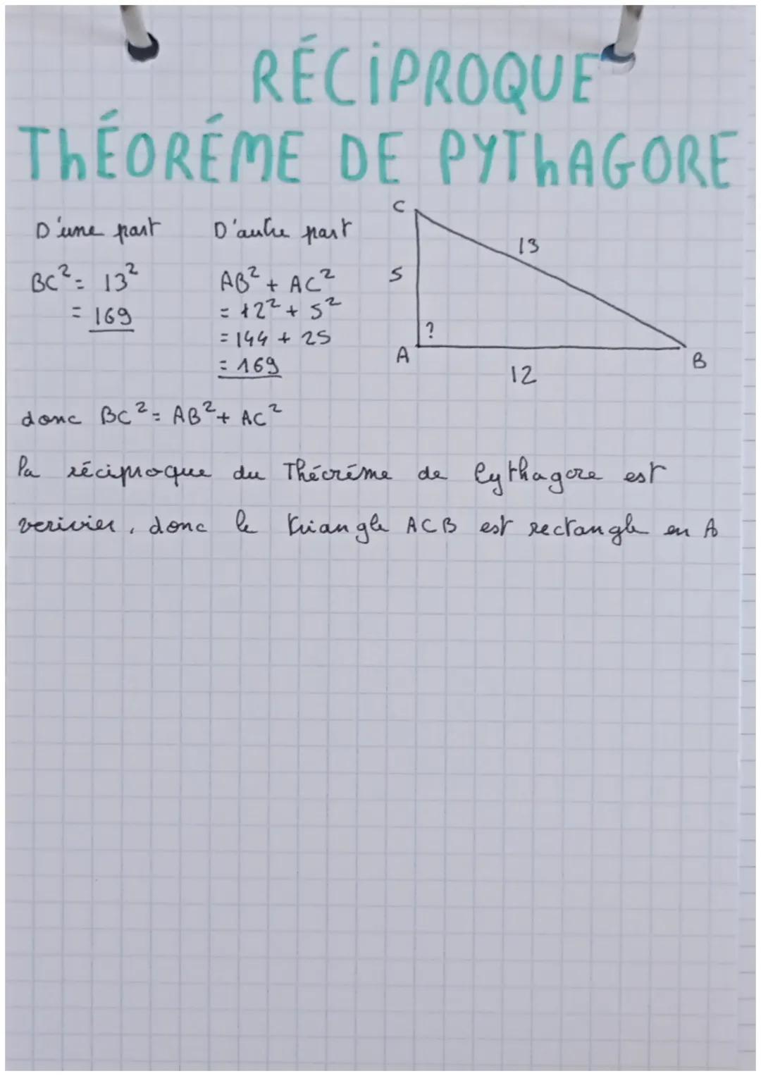 RÉCIPROQUE
THEOREME DE PYThAGORE
с
D'une part
BC² = 13²
= 169
D'autre part
AB²+ AC²
=+2²+5²
=144+25
= 169
2
donc BC² = AB ² + AC²
S
A
?
13
1