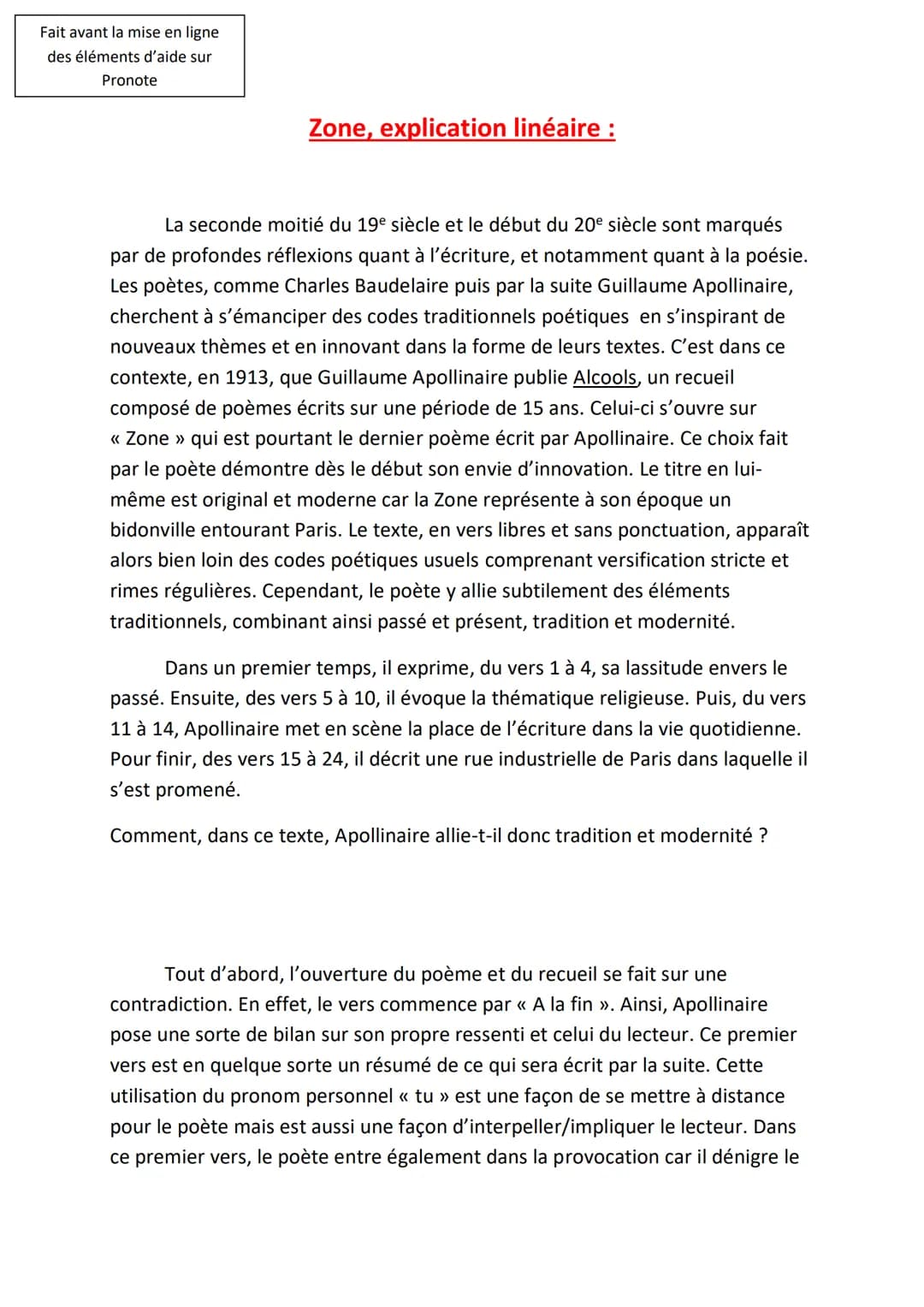 Fait avant la mise en ligne.
des éléments d'aide sur
Pronote
Zone, explication linéaire :
La seconde moitié du 19e siècle et le début du 20e