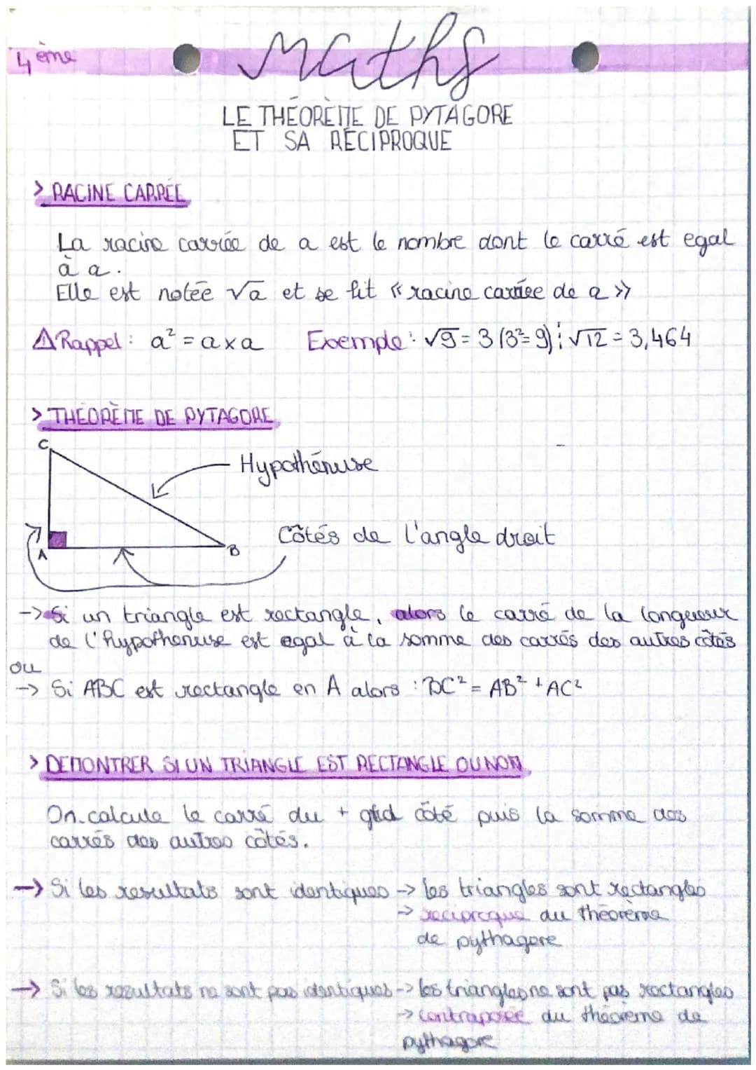 4 eme
maths
LE THÉORENTE DE PYTAGORE
ET SA RECIPROQUE
> RACINE CARREL
La racine carrée de a est le nombre dont le carré est egal
à a.
Elle e