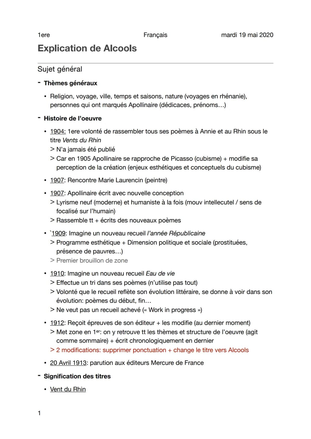 1ere
Explication de Alcools
Sujet général
1
●
Thèmes généraux
Religion, voyage, ville, temps et saisons, nature (voyages en rhénanie),
perso