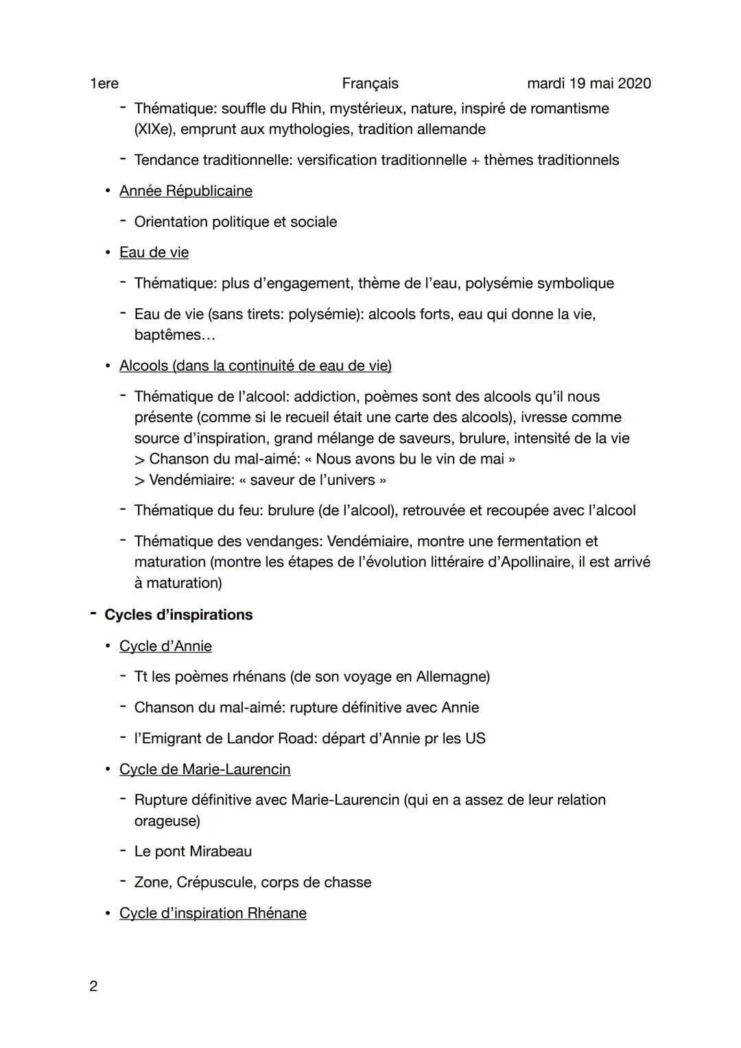 1ere
Explication de Alcools
Sujet général
1
●
Thèmes généraux
Religion, voyage, ville, temps et saisons, nature (voyages en rhénanie),
perso
