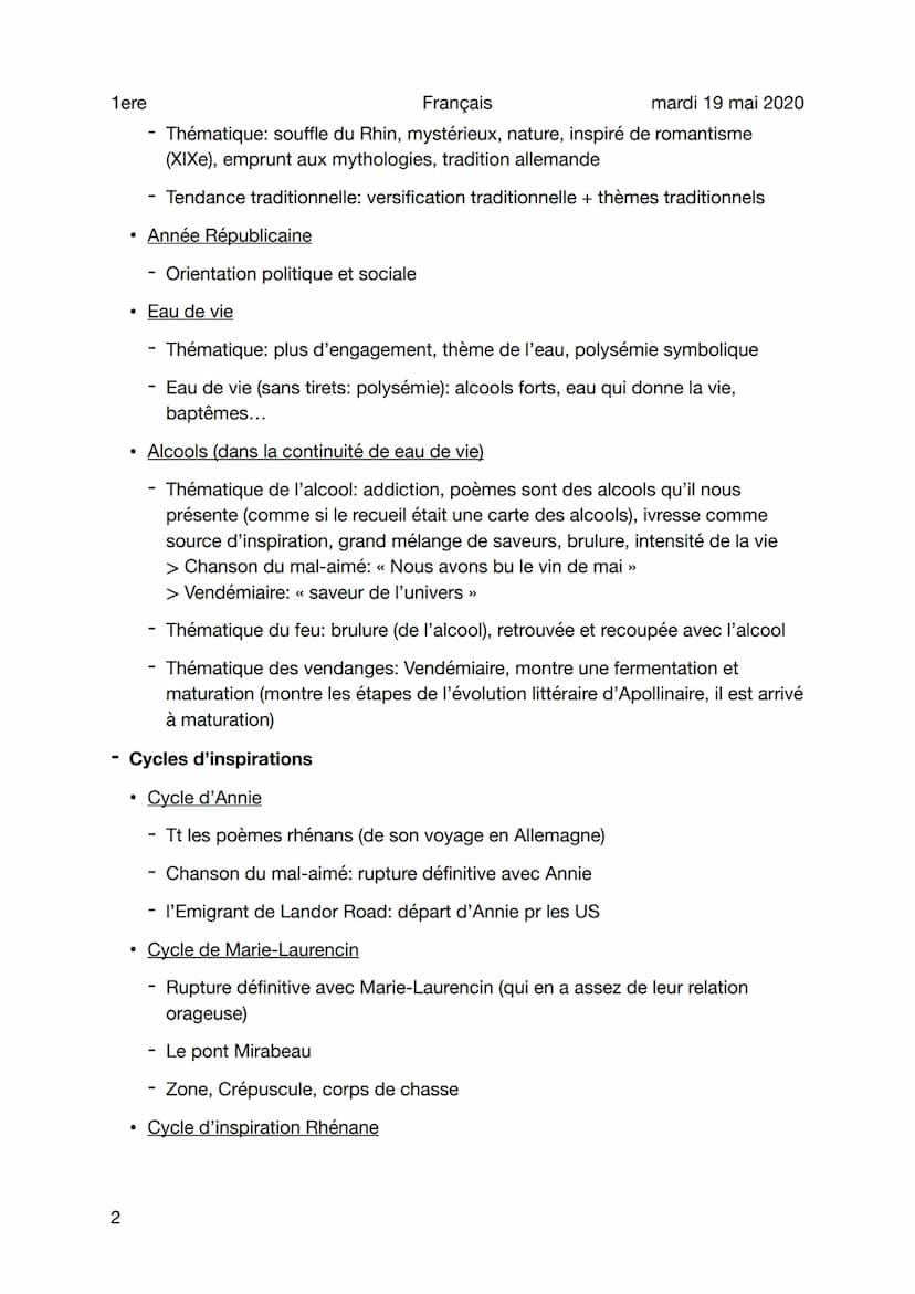 1ere
Explication de Alcools
Sujet général
1
●
Thèmes généraux
Religion, voyage, ville, temps et saisons, nature (voyages en rhénanie),
perso