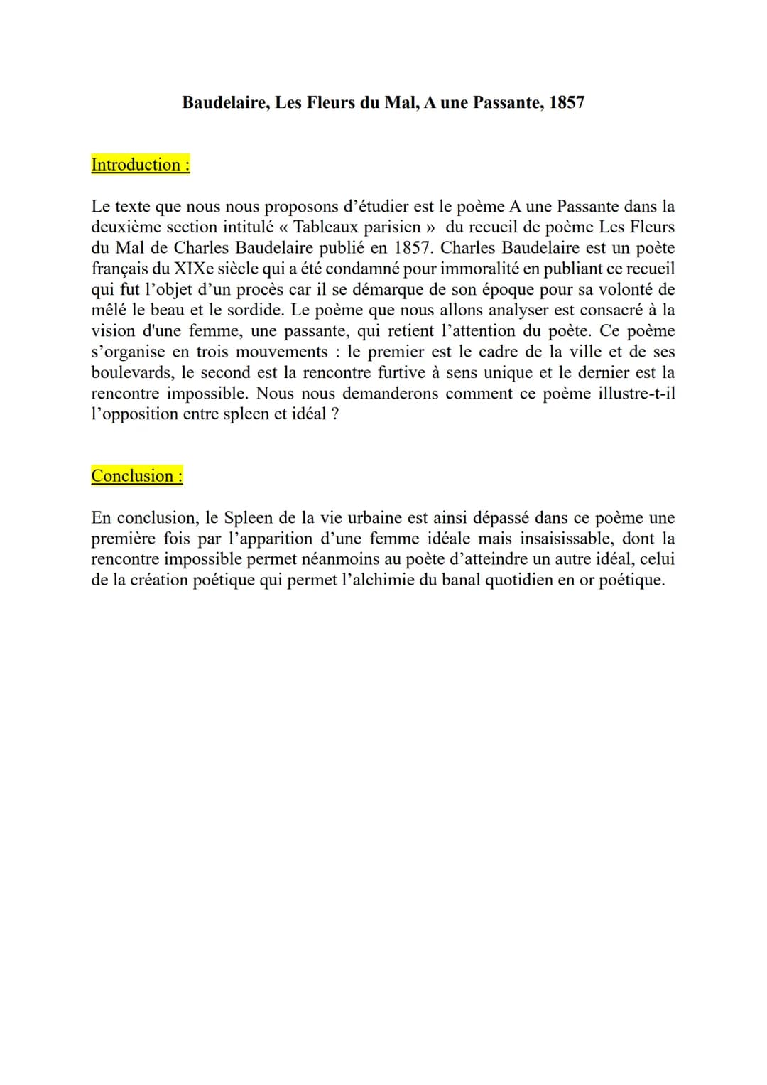 Baudelaire, Les Fleurs du Mal, A une Passante, 1857
Introduction :
Le texte que nous nous proposons d'étudier est le poème A une Passante da