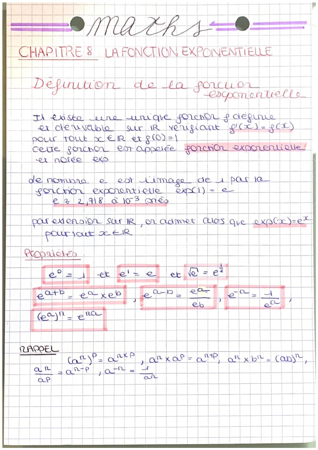 •marks
CHAPITRE & LA FONCTION EXPONENTIELLE
Definition de la forcion
exponentielle
Il existe une unique forction & definie
et derivable
sur 