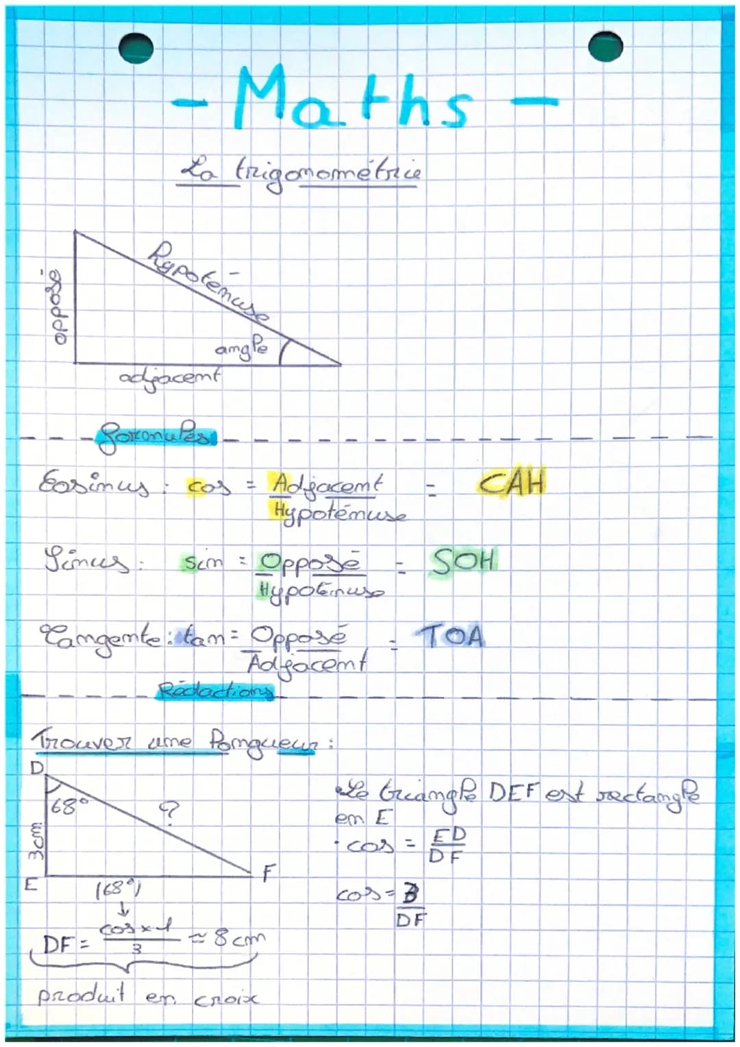 oppose
D
E
3cm
Rapotemuse
- Maths
La trigonométrie
Easinus cas = Adjacent
Hypotemuse
Sinces:
68°
adjacent
Soxonales
Camgente: fam= Opposé
Ad