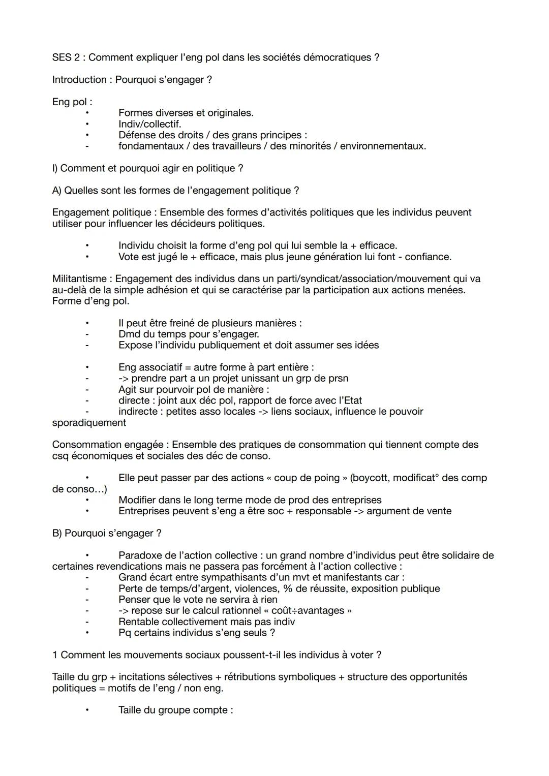 SES 2: Comment expliquer l'eng pol dans les sociétés démocratiques ?
Introduction: Pourquoi s'engager ?
Eng pol :
Formes diverses et origina