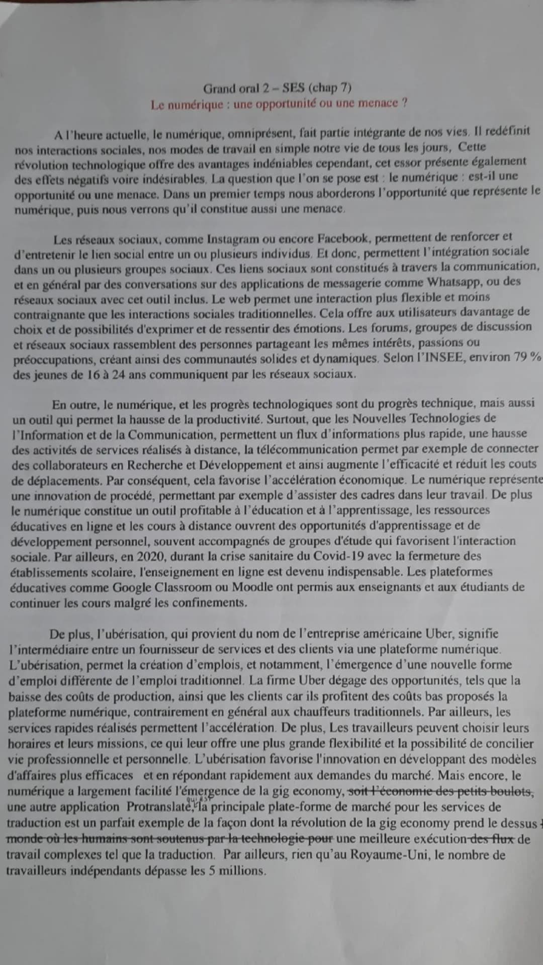 Grand oral 2-SES (chap 7)
Le numérique : une opportunité ou une menace?
A l'heure actuelle, le numérique, omniprésent, fait partie intégrant
