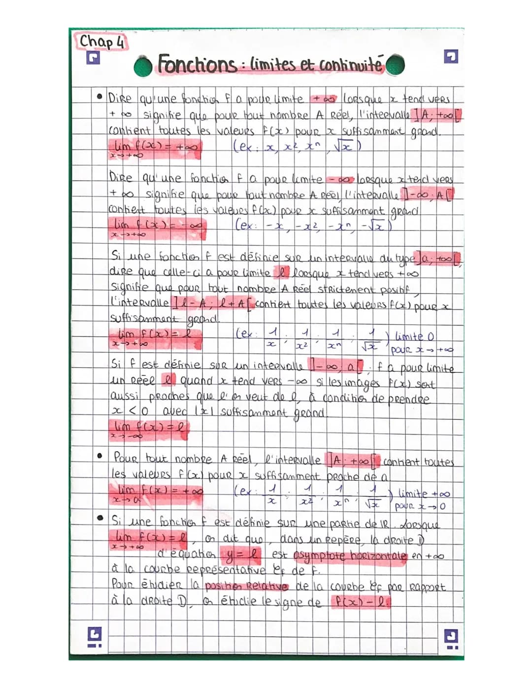 
<h2 id="limitesetcontinuit">Limites et continuité</h2>
<p>Le fait de dire qu'une fonction f a pour limite + ∞ lorsque x tend vers signifie 
