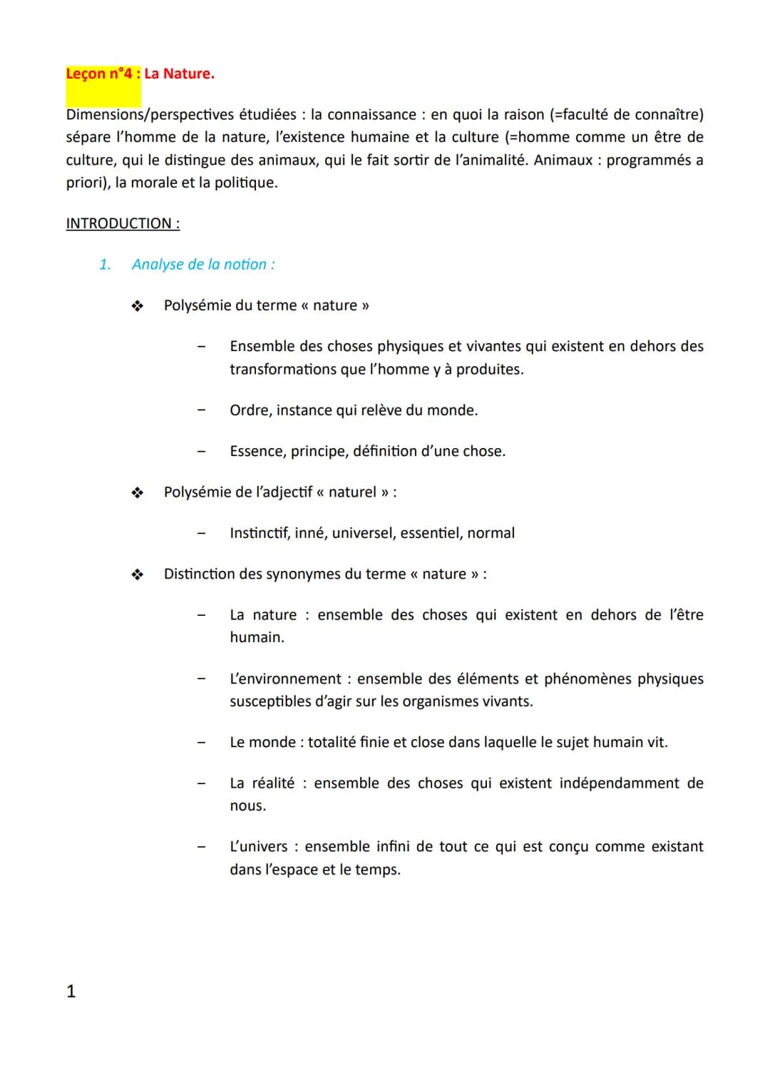 Leçon n°4 : La Nature.
Dimensions/perspectives étudiées : la connaissance : en quoi la raison (=faculté de connaître)
sépare l'homme de la n