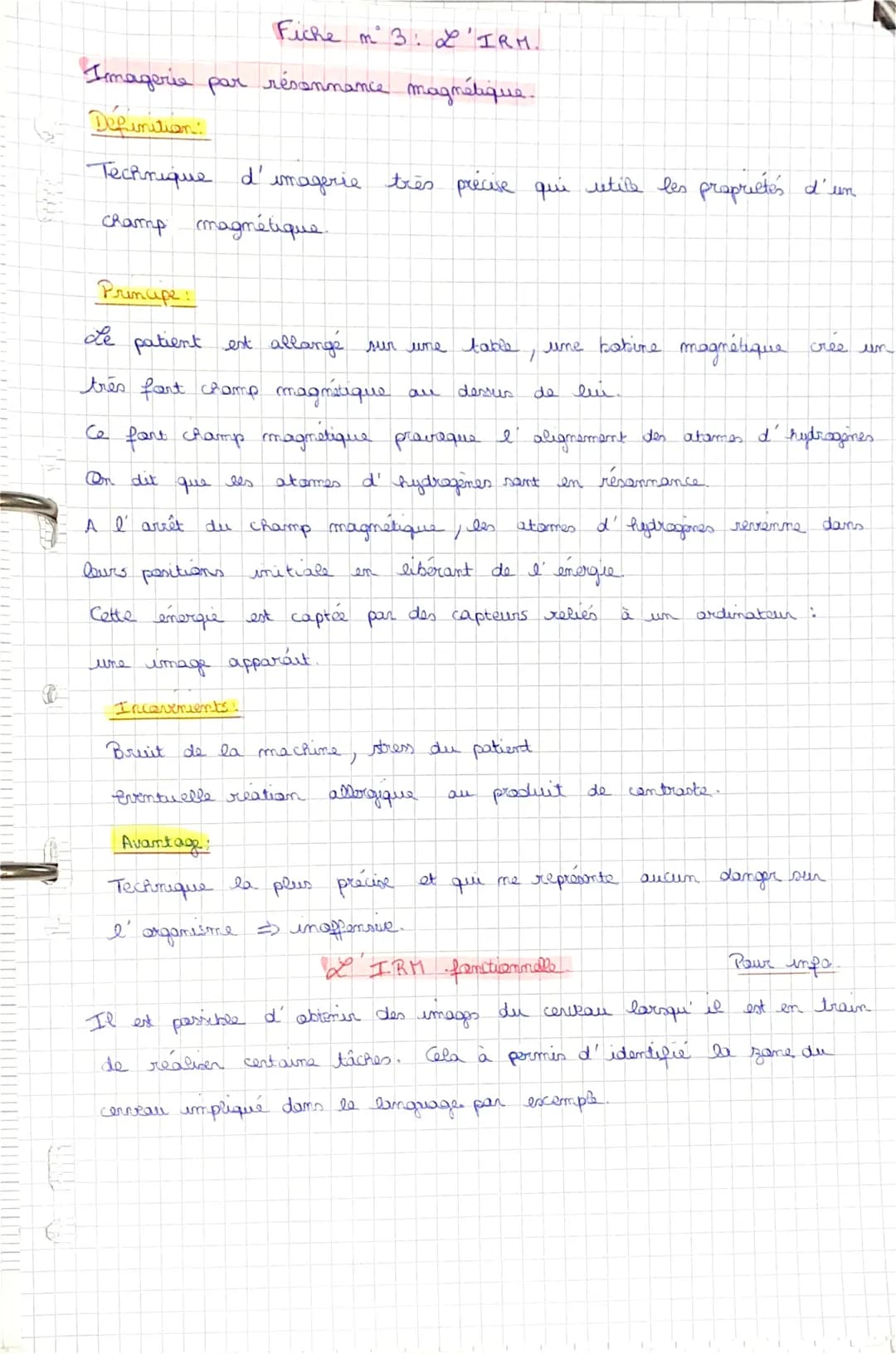 29
Fiche m² 3: L'IRM.
Imagerie par résonnance magnétique.
Definition
Technique d'imagerie très précise qui utile les propriétés d'un
champ m