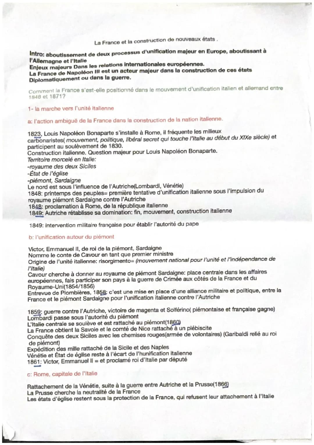 La France et la construction de nouveaux états.
Intro: aboutissement de deux processus d'unification majeur en Europe, aboutissant à
l'Allem
