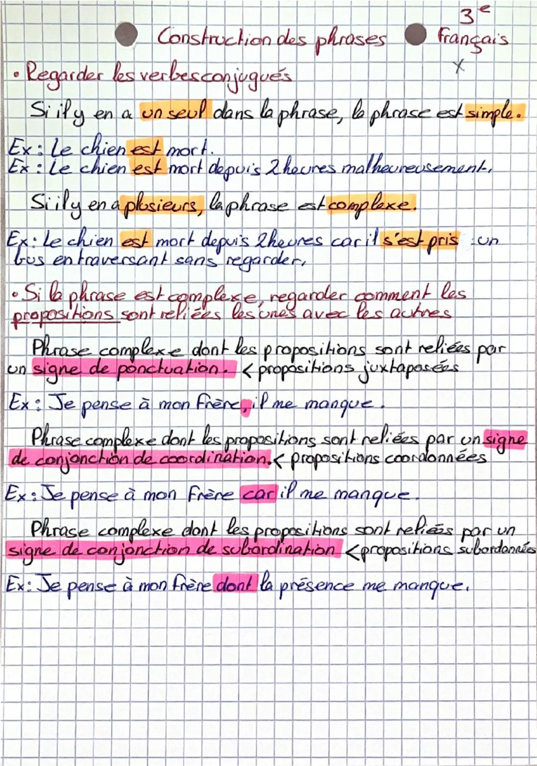 # Construction des phrases

3
e
Français
X

• Regarder les verbesconjugués

Siily en a un seul dans la phrase, le phrase est simple.

Ex: Le