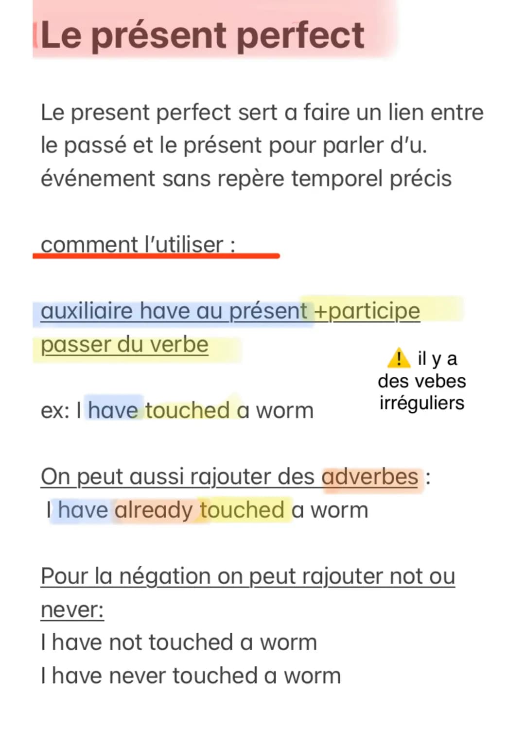 Le présent perfect
Le present perfect sert a faire un lien entre
le passé et le présent pour parler d'u.
événement sans repère temporel préc