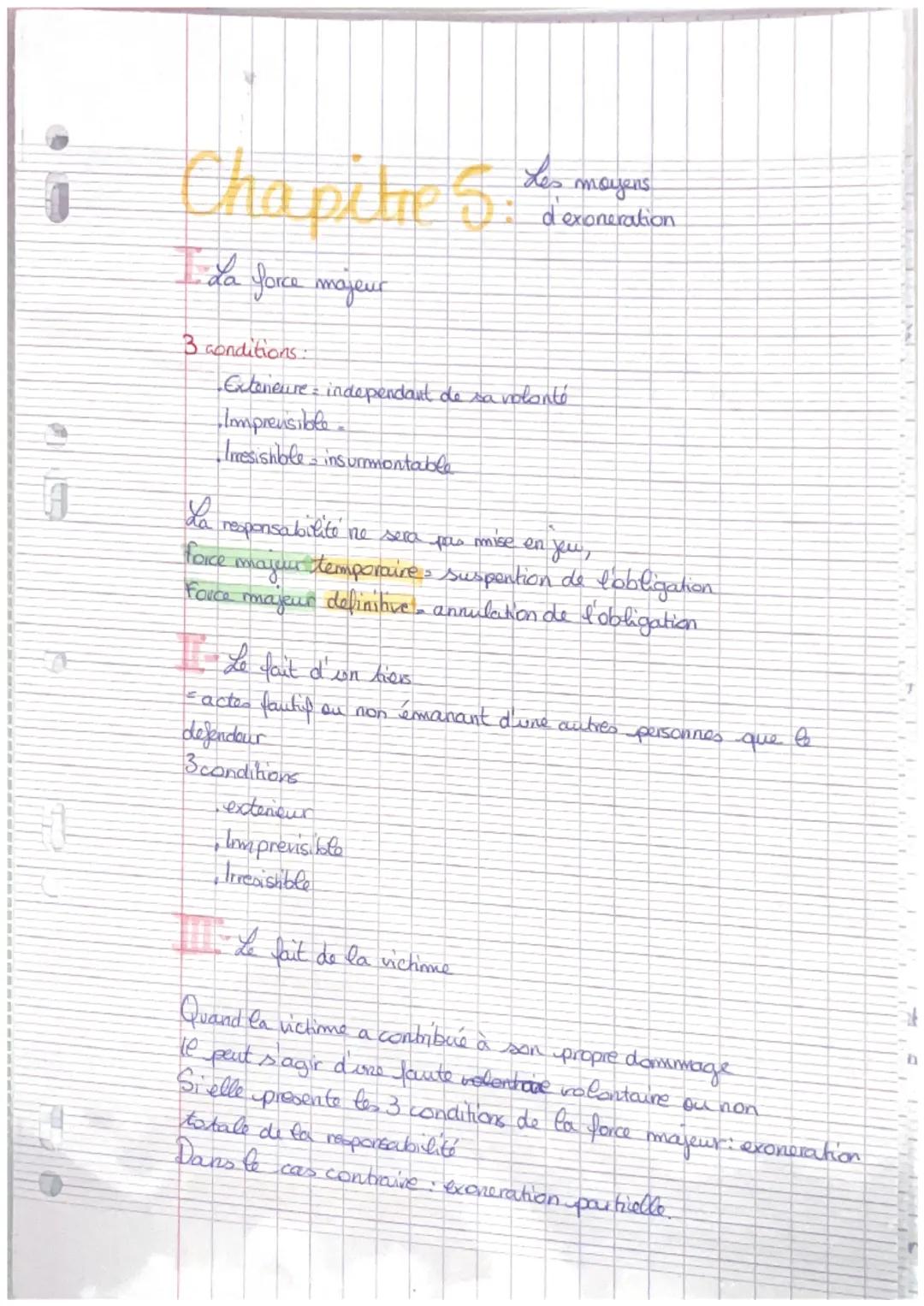 Chapitre S
es moyens
dexoneration
I- La force majeur
3 conditions:
- Exteneure independant de sa volonté
- Imprensible.
- Irresishble insurm