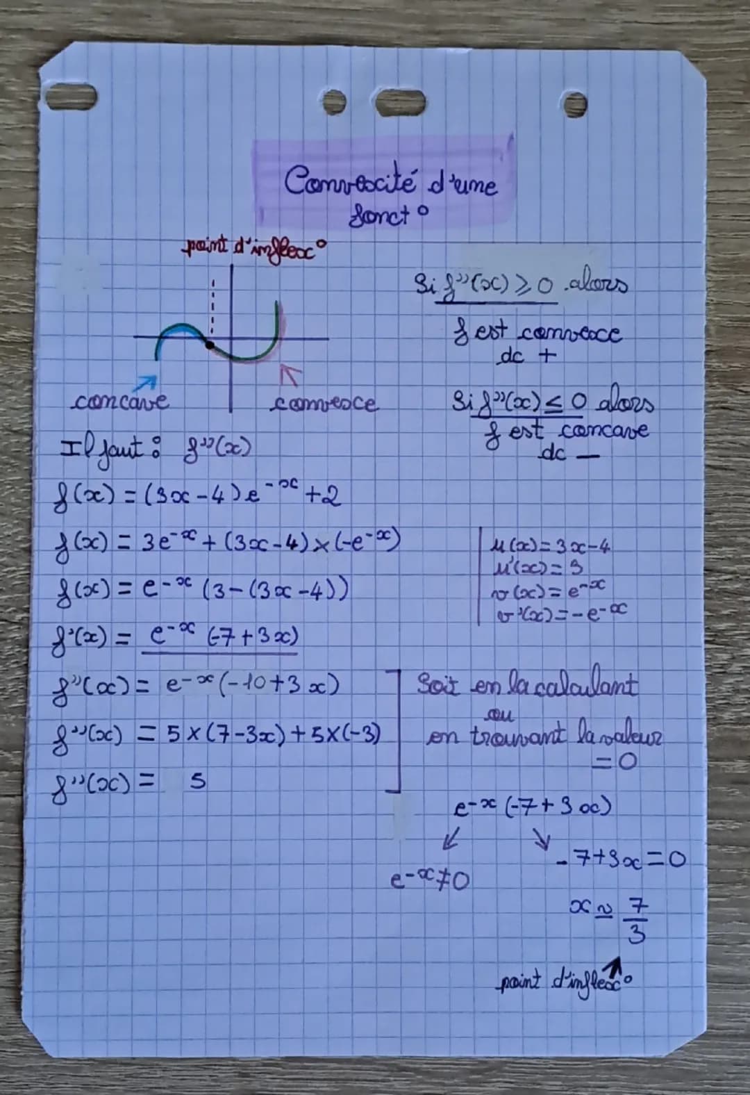 concave
Convocité d'une
-point d'inflexc
1
Sonct
convesce
Il faut : 8" (x)
f(x)=(3x-4)e - +2
f(x) = 3 e¯ + (3x-4)x(-e-x)
f(x) = e-³ (3-(3-4)