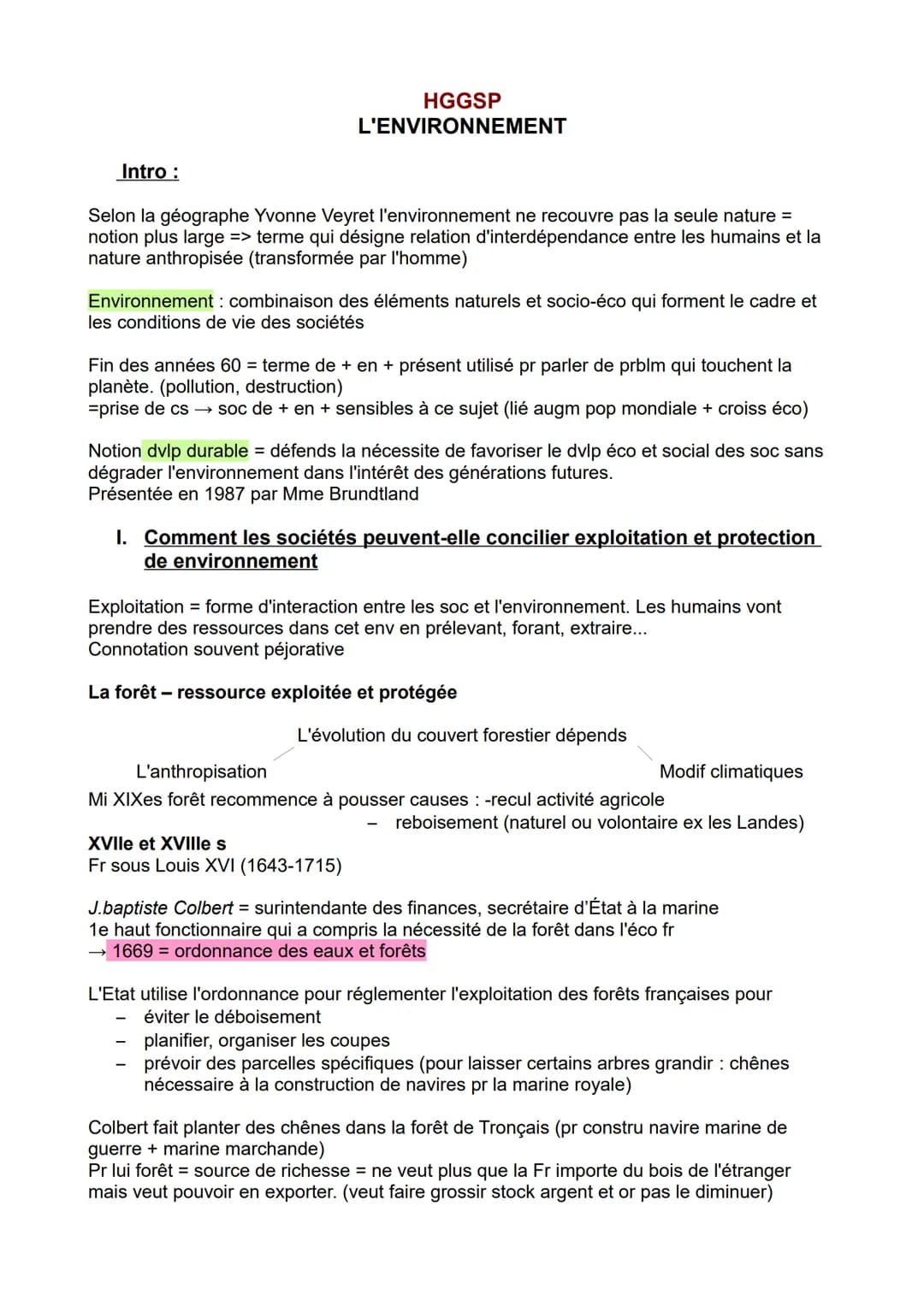 HGGSP
L'ENVIRONNEMENT
Intro :
Selon la géographe Yvonne Veyret l'environnement ne recouvre pas la seule nature =
notion plus large => terme 