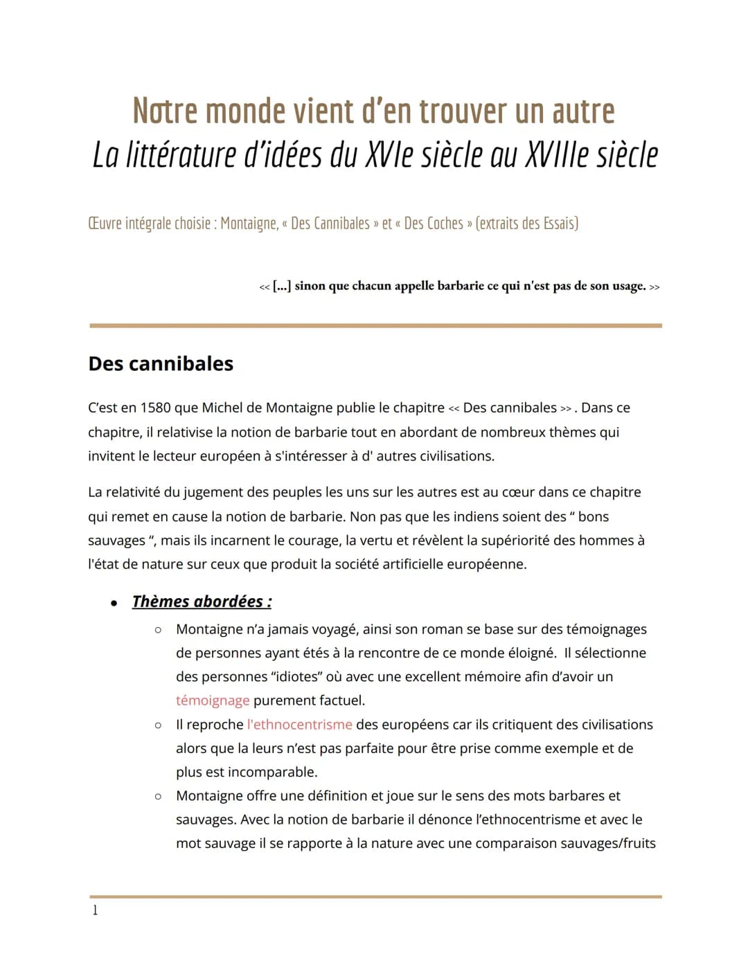 # Notre monde vient d'en trouver un autre

# La littérature d'idées du XVIe siècle au XVIIIe siècle

Œuvre intégrale choisie: Montaigne, « D