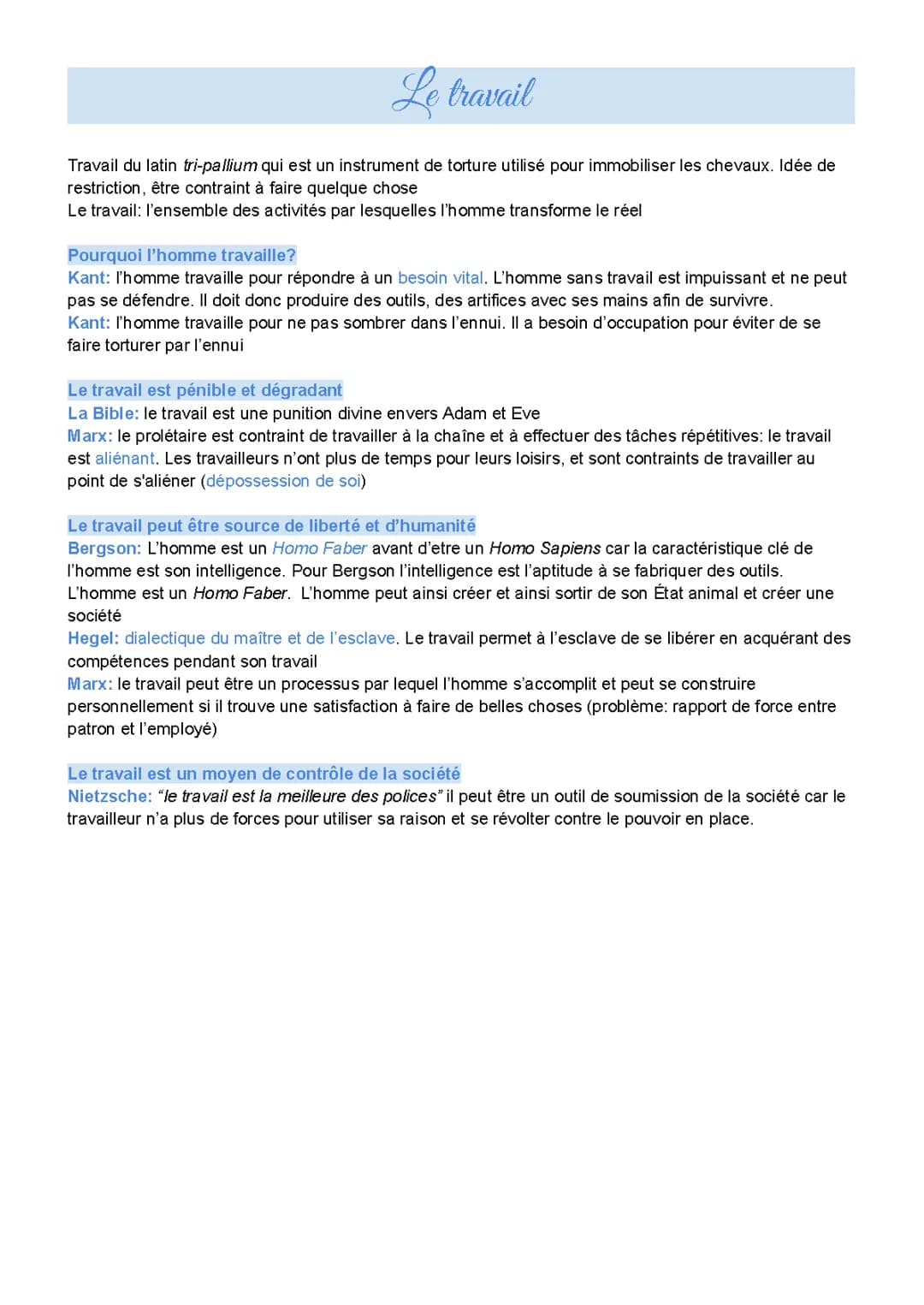 Le travail - Fiche BAC