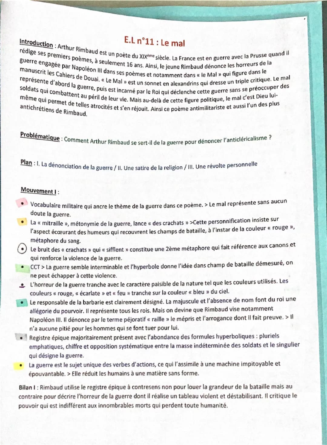 E.L n°11: Le mal
Introduction: Arthur Rimbaud est un poète du XIXème siècle. La France est en guerre avec la Prusse quand il
rédige ses prem