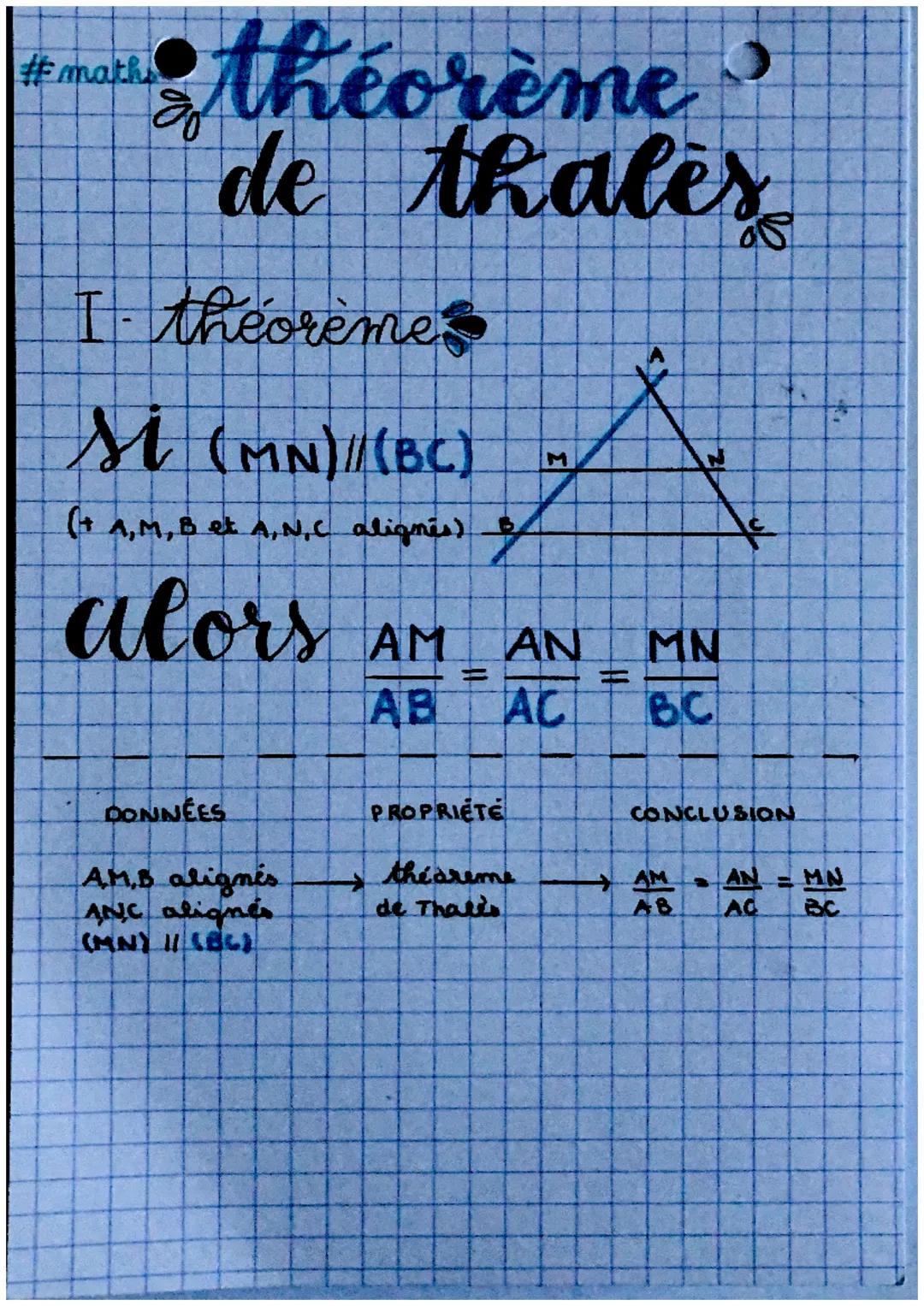 #maths
théorème O
de thales
I theoreme
si (MN) // (BC)
(+ A,M, B et A.N.C alignes) t
alors AM_ AN
AB AC
DONNÉES
AMB alignes
ANC alignes
(MN)