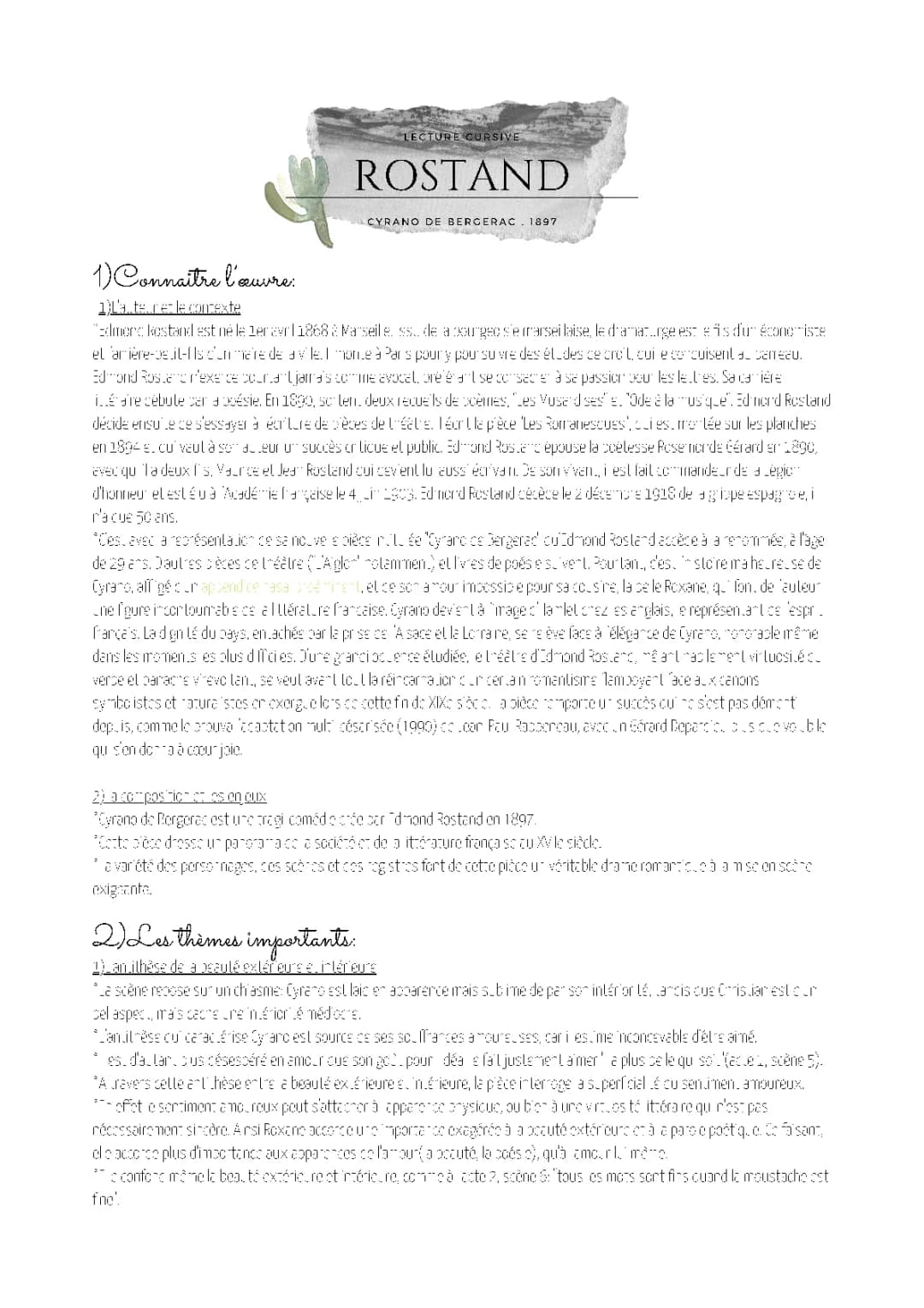 Biographie et Œuvre d'Edmond Rostand - PDF et Analyse de Cyrano de Bergerac 4ème