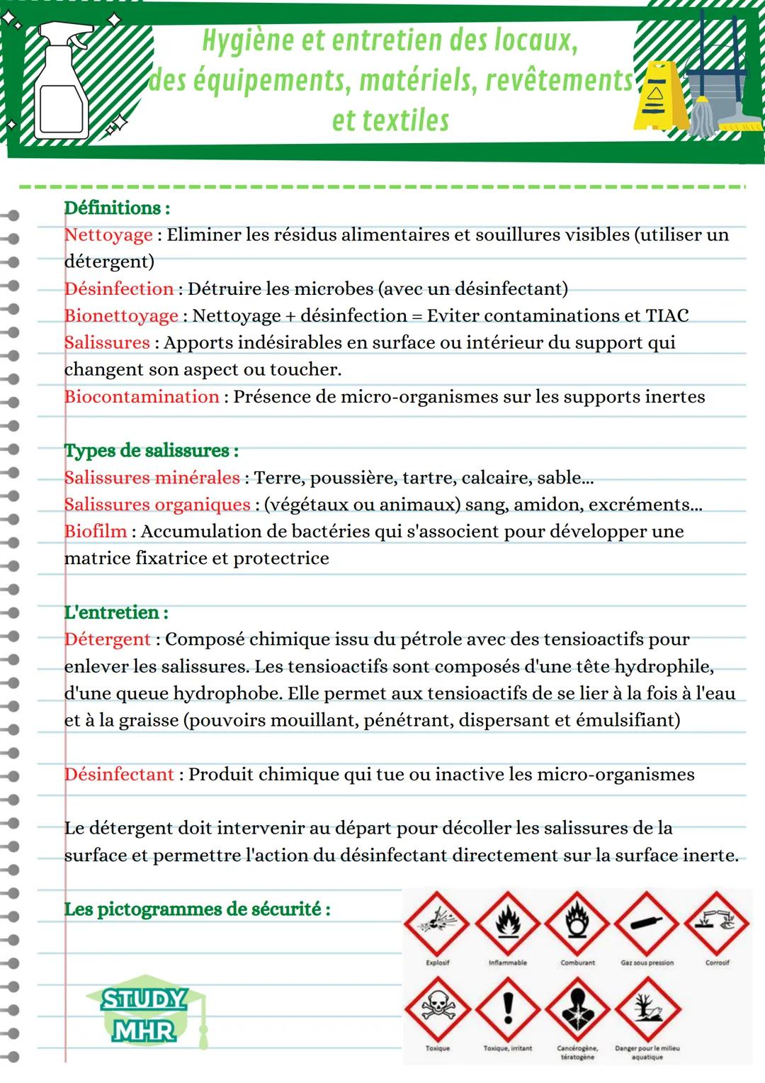 Hygiène et entretien des locaux,
des équipements, matériels, revêtements
et textiles
Définitions:
Nettoyage : Eliminer les résidus alimentai