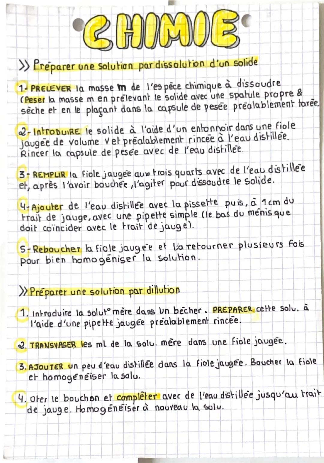 CHIMIE
» Préparer une solution par dissolution d'un solide
1-PRELEVER la masse m de l'espèce chimique à dissoudre
(Peser la masse m en prele