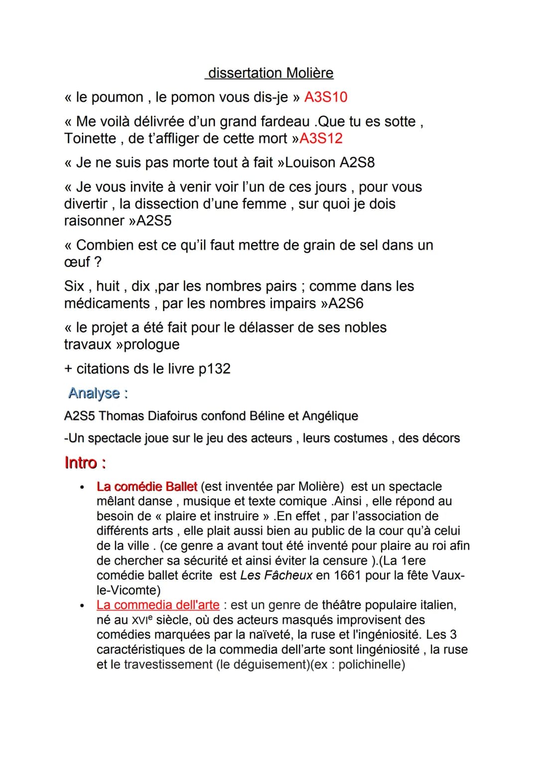 dissertation Molière
<< le poumon, le pomon vous dis-je » A3S10
<< Me voilà délivrée d'un grand fardeau .Que tu es sotte,
Toinette, de t'aff